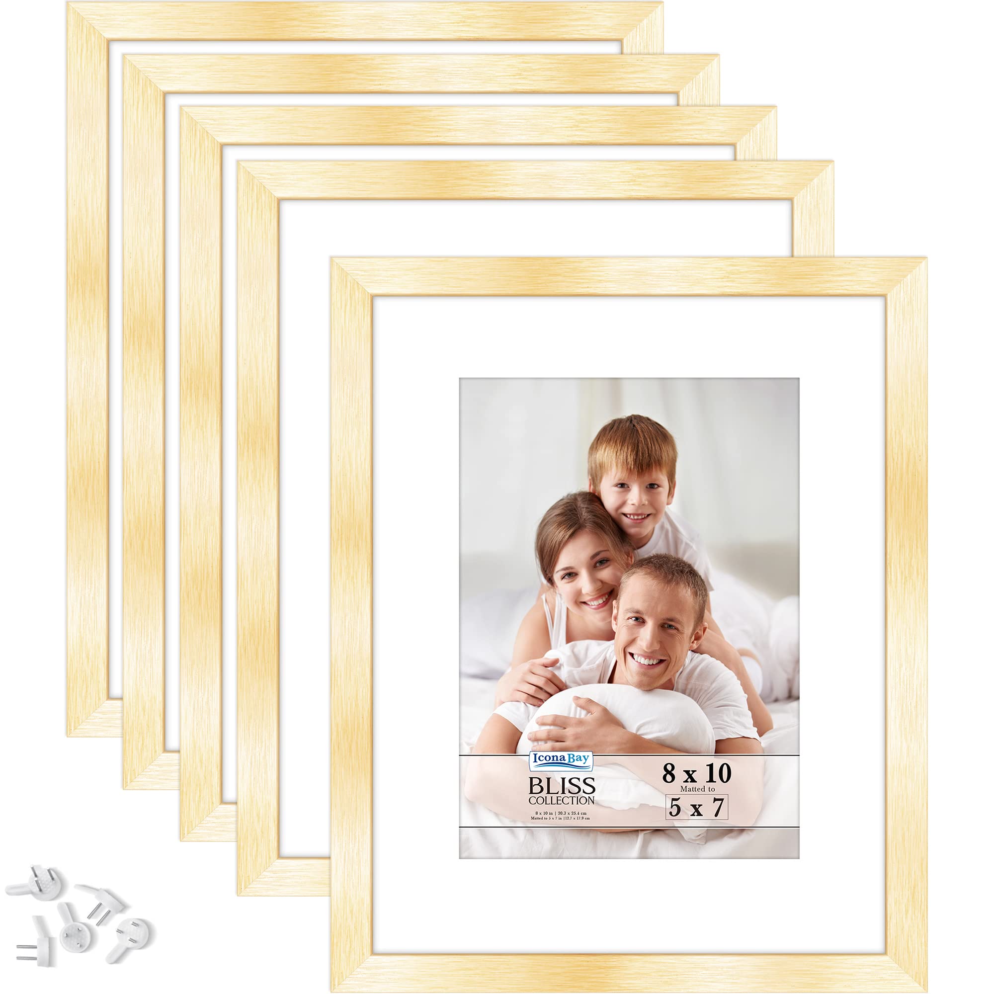 Icona Bay 8x10 Picture Frames with Removable Mat for 5x7 Photos (Gold, 5 Pack), Modern Style Wood Composite Frames, Table Top or Wall Mount, Bliss Collection — image 1