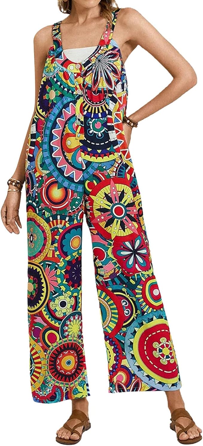 Women Boho Style Jumpsuits Loose UNeck Suspender Trousers Baggy