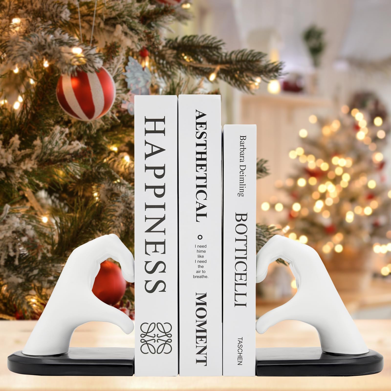 Xmeden White Bookends, Heavy Duty Bookend Holder Decor, Finger Heart Shaped, Modern Art Sculpture, Bookends Decorative, Boho Decor for Desktop Bedroom