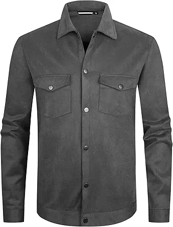 Alex Vando Mens Suede Shirt Jackets Long Sleeve Two Pockets Snap Casual Button Down Shirts