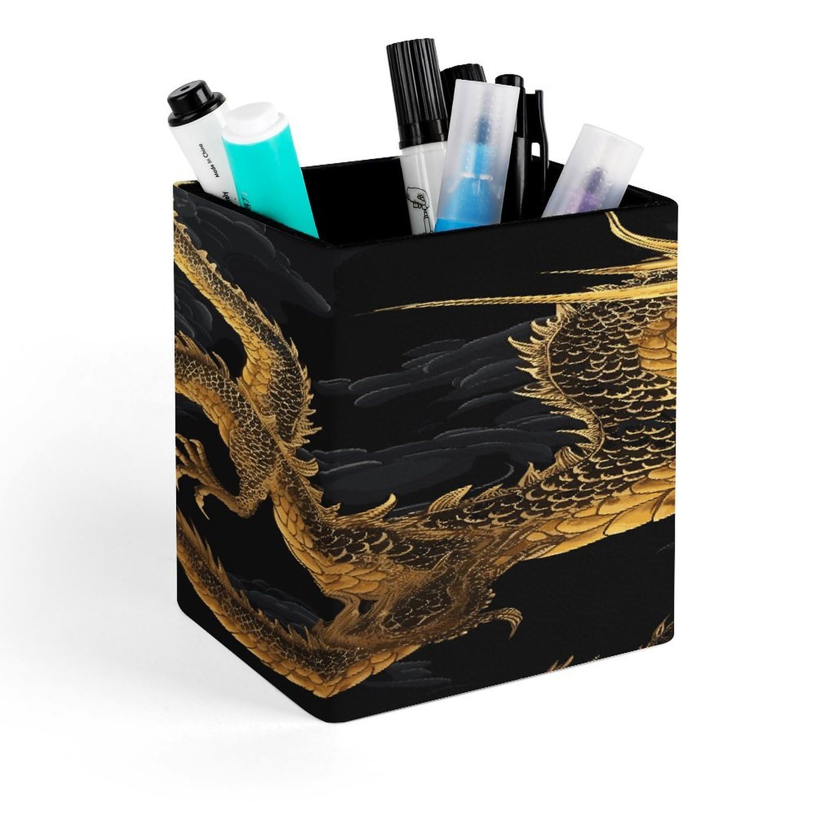 LZQPOEAS Yellow Dragon Black Background Square Pen Pencil Holder PU Leather Pencil Cup Desktop Stationery Organizer Office Accessories Container