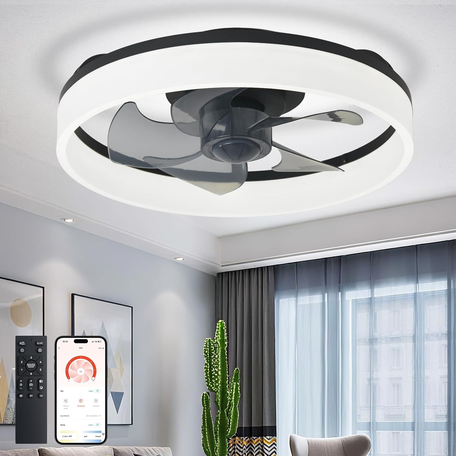 DLLT LED Ceiling Fan with Light: 16 Modern Low Profile Flush Mount Fandelier with App & Remote Control - Dimmable Black Bladeless Fan Light Fixture for Bedroom Kids Room Living Room