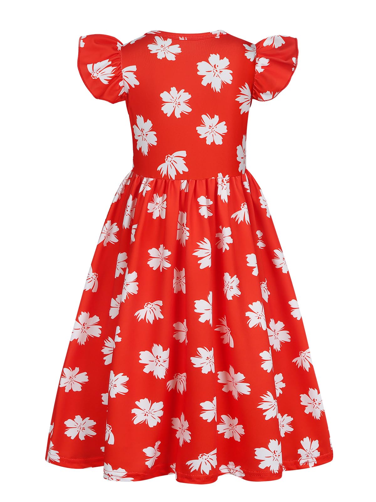 Jurebecia Hawaiian Dresses for Kids Girls Princess Costume Red Flutter Sleeve Hibiscus Flower Print Dress Halloween Christmas 7-8 Years - Image 2