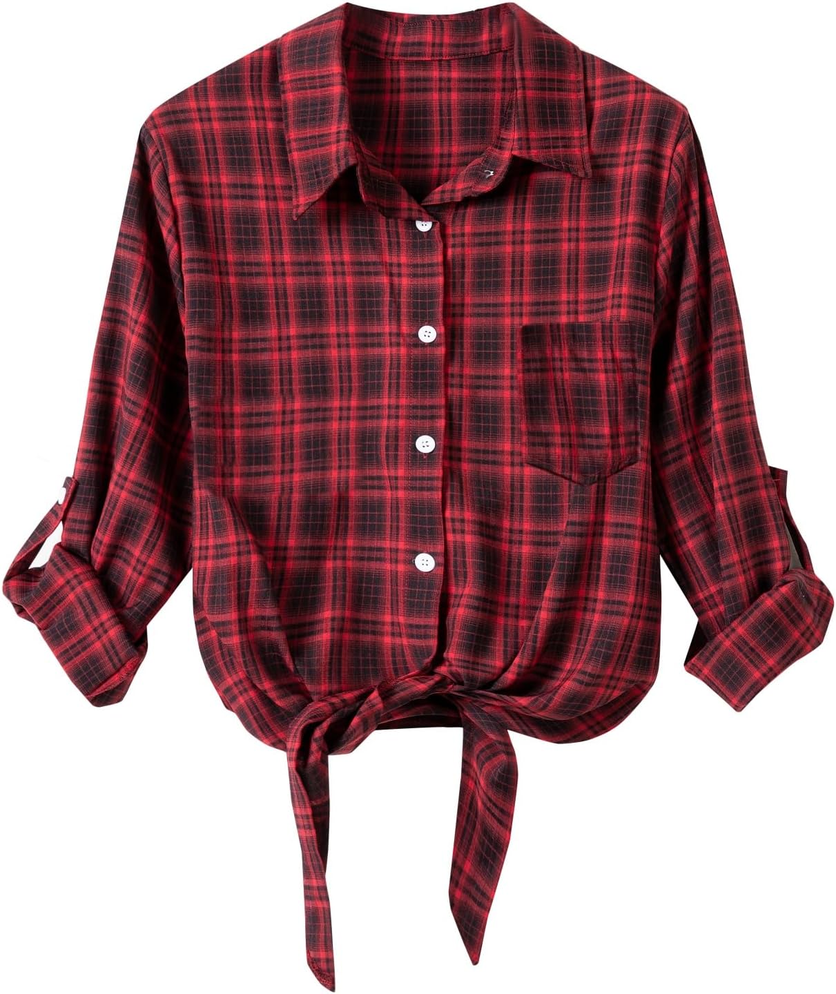 Womens Front Tie Tops Long Sleeve Buffalo Plaid Button Down Shirts with Pocket