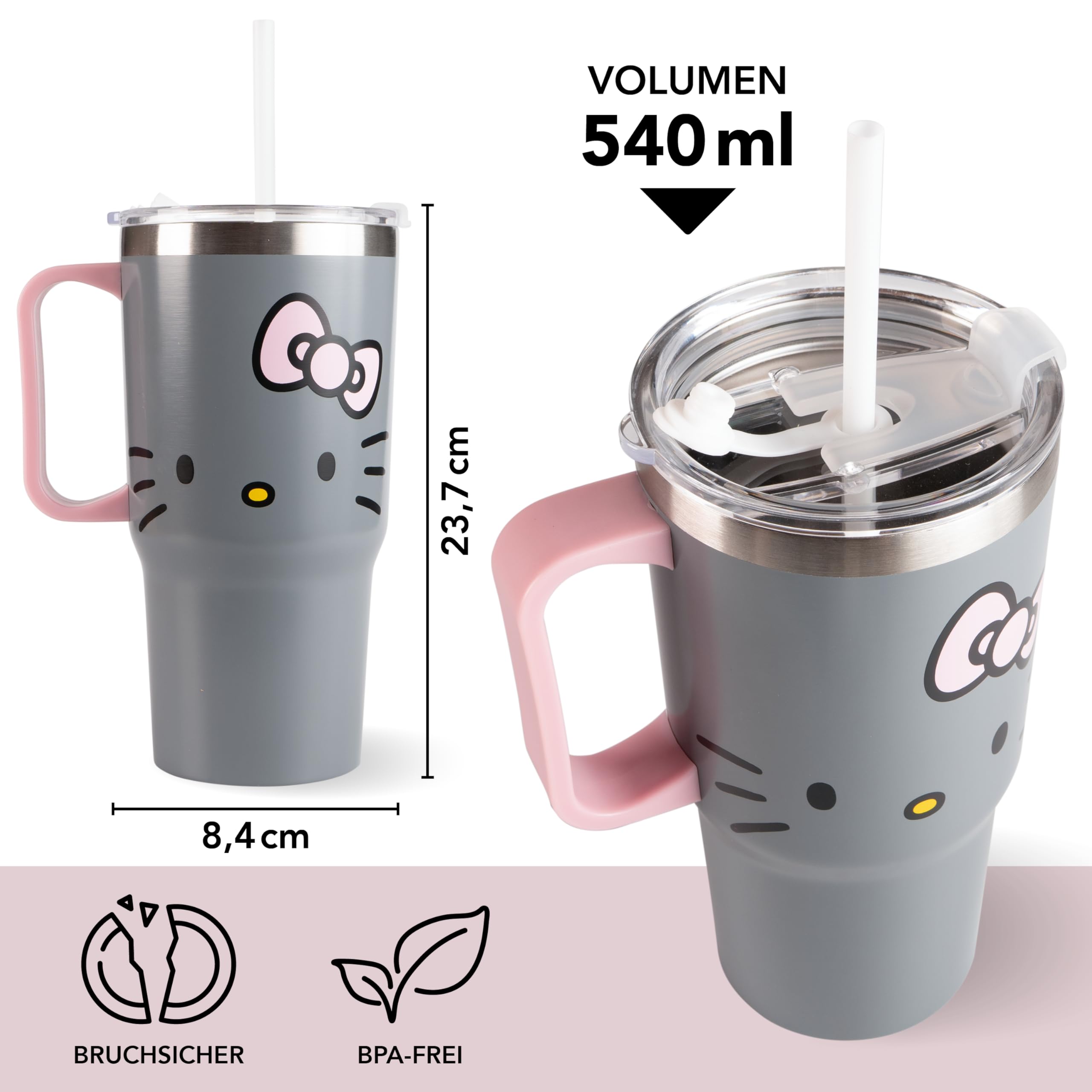 Hello Kitty - Vaso con tapa y pajita para niños, 540 ml, con asa, color gris, apto para bebidas frías