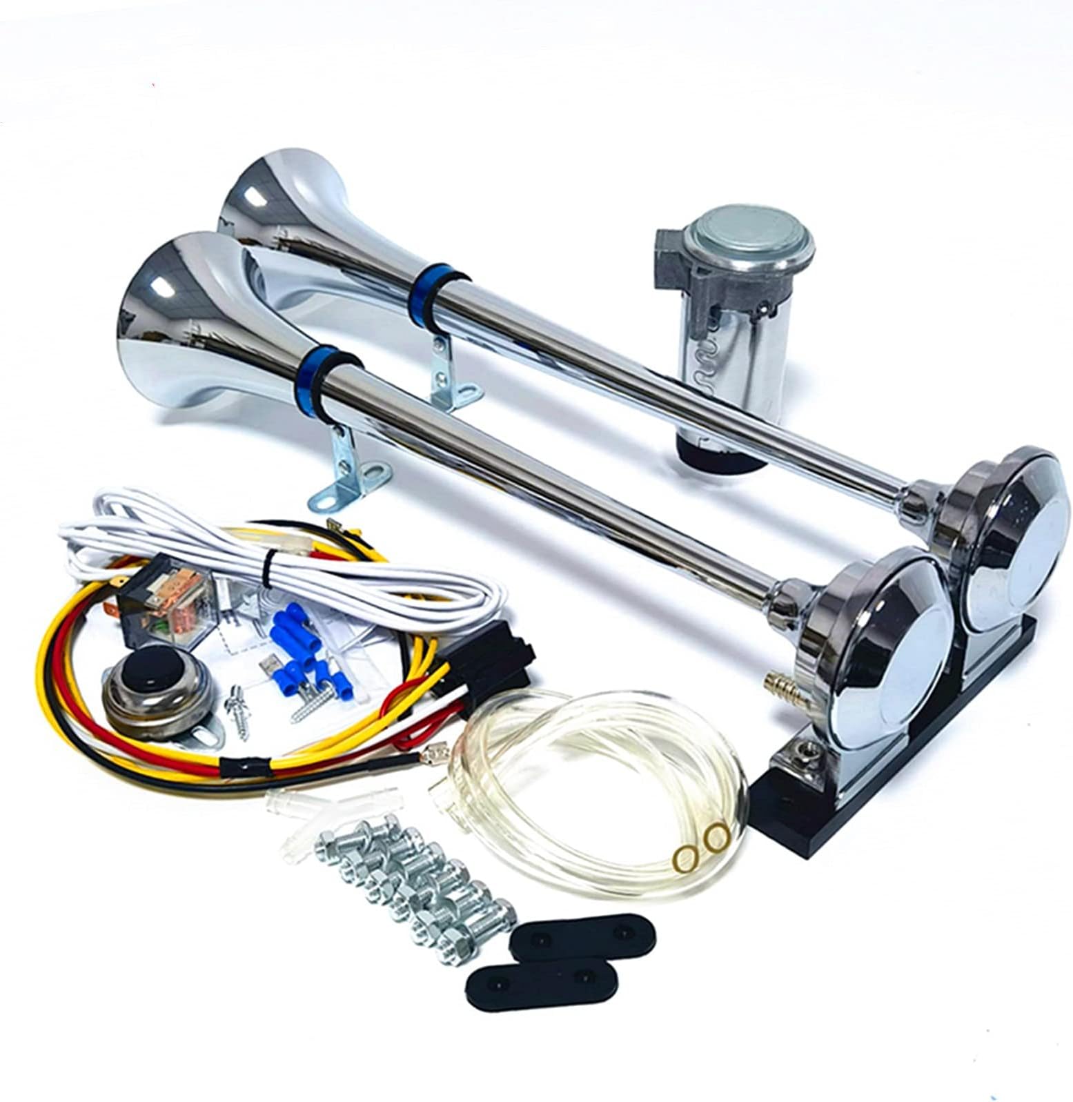 Air Horn Truck Horn 24V Car Horn silver Speaker 165db Chrome Zinc Double tube Trumpet Electric Horn Alarm Horn Loud horn with air pump compressor Car Speaker for 24V car lorry SUV ship etc