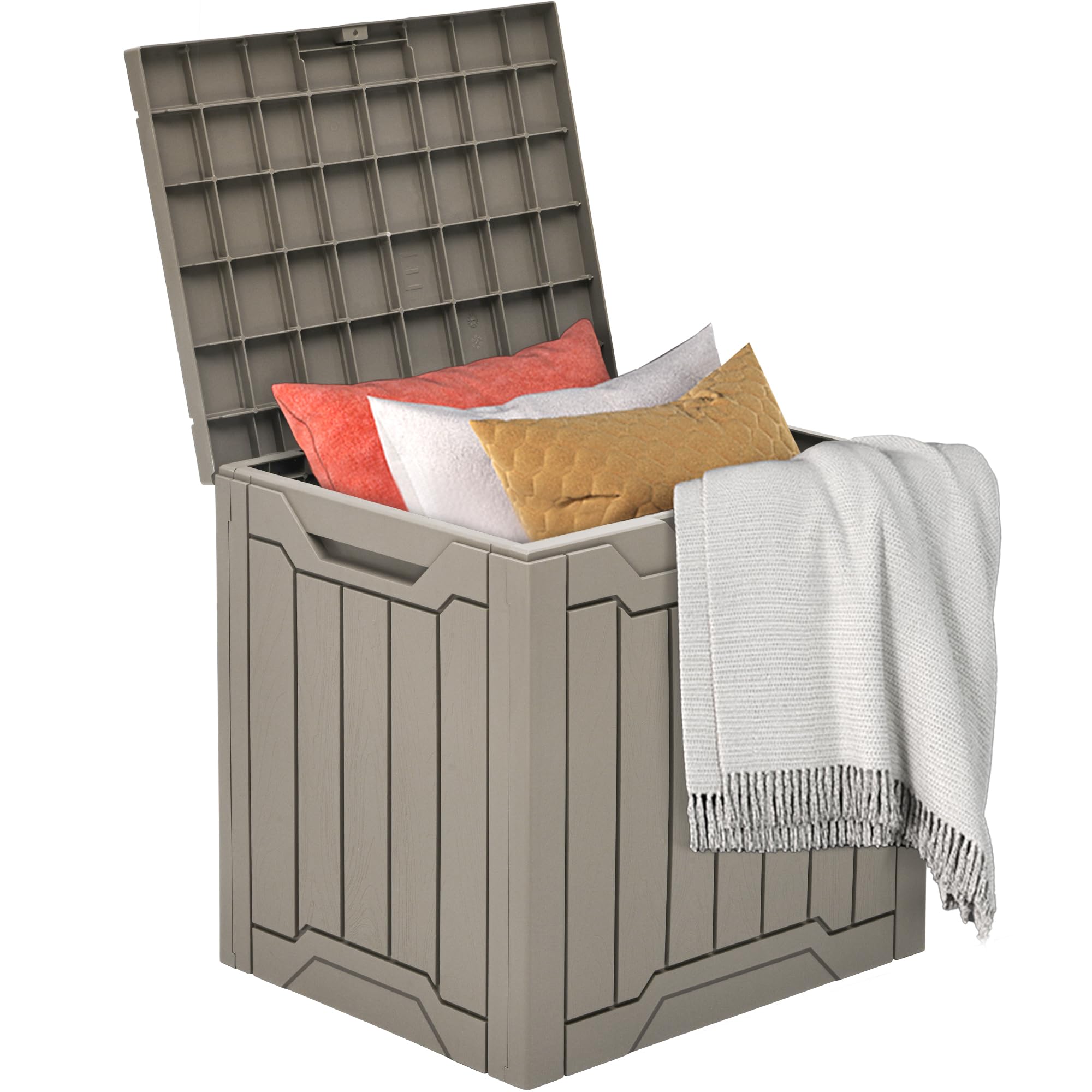DWVO 118L Outdoor Garden Furniture Storage Box|All Weather Resistant|Water-resistant Patio Small Deck Box for Pillows, Equipment,Shoe|Securely Lockable|Side Carry Handles|56x43.5x43cm(Light Brown)