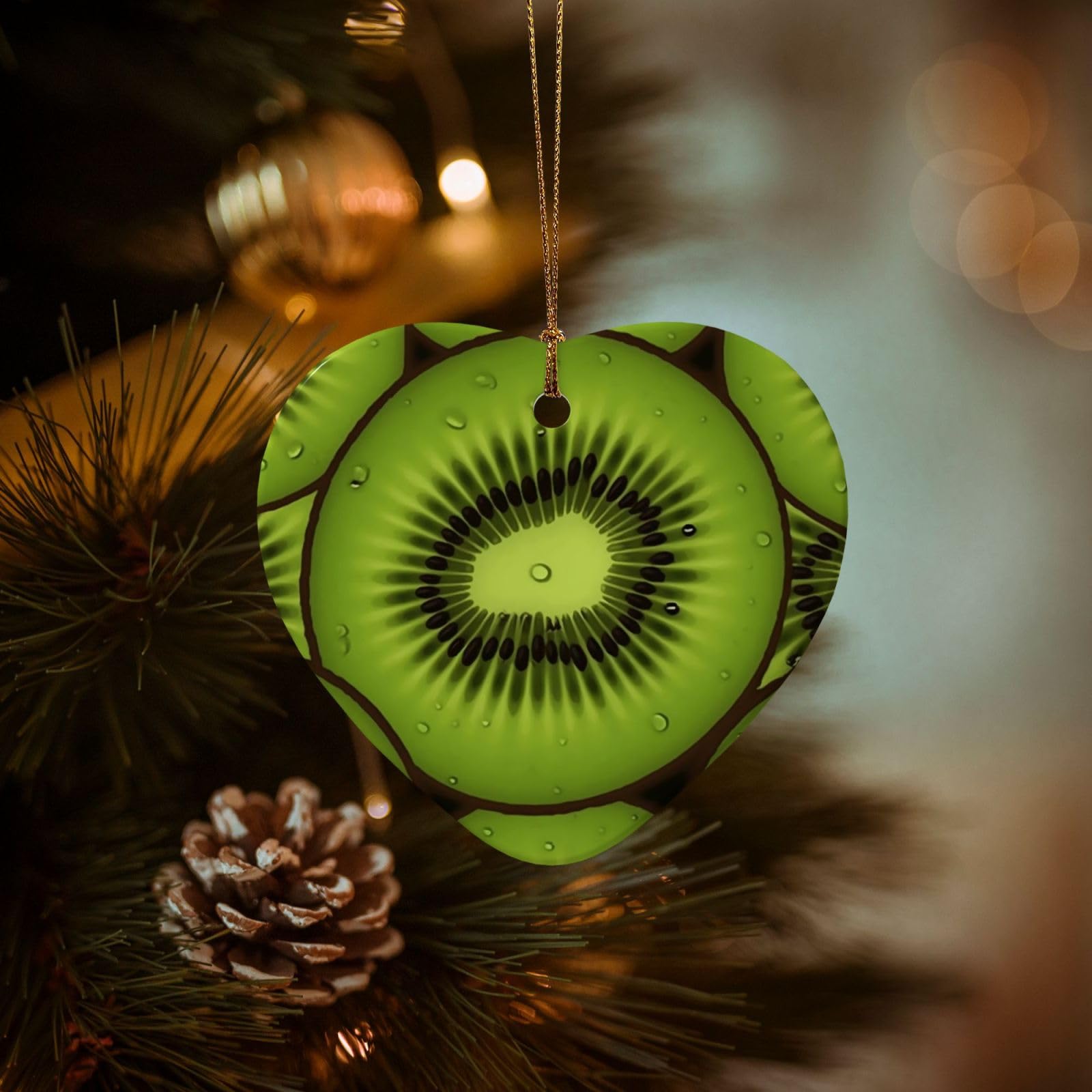 Christmas Tree Ornaments Ceramics Christmas Decorations Kiwi Slices Ornaments with Gold Ribbon Porcelain Xmas Tree Crafts Heart Shape Hanging Pendant for Christmas Tree Party Decor