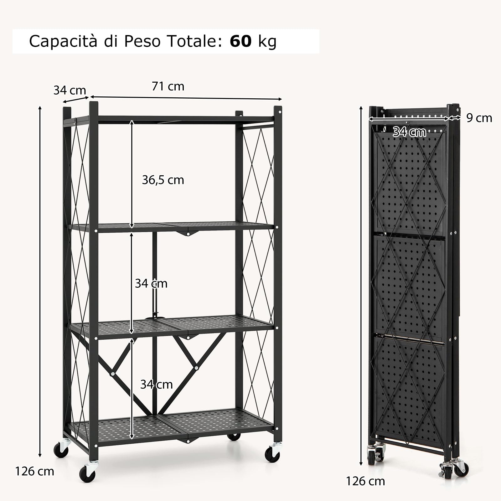 RELAX4LIFE Scaffale Pieghevole, Scaffale Metallico a 4 Livelli per Impieghi Gravosi con 4 Ruote Universali, Scaffale Organizzatore Salvaspazio per Cucina, Soggiorno, Studio, Nero