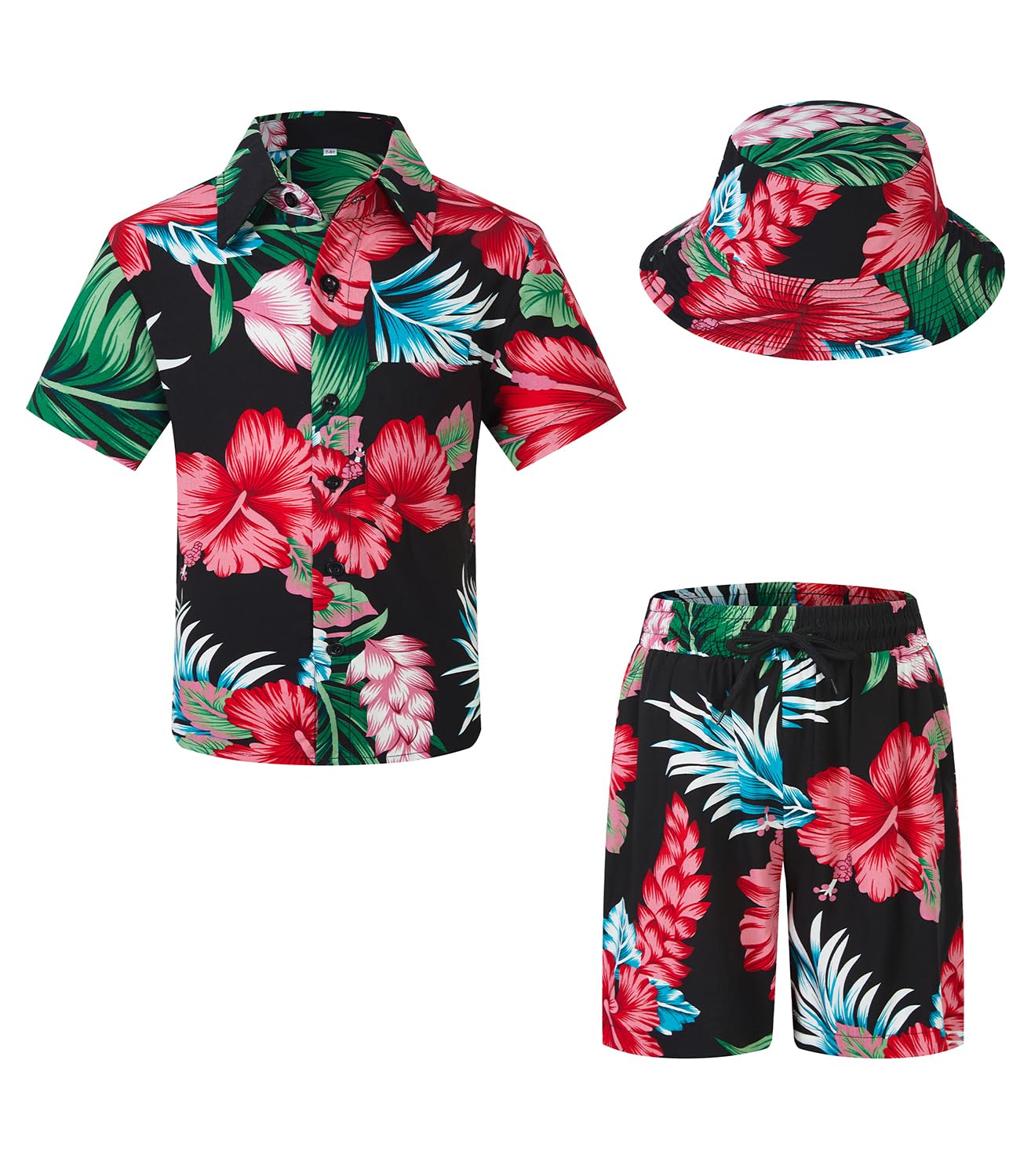 SPKPKEY Boys Hawaiian Beach Outfit Set Button Down Shirt and Shorts with Bucket Hat for Kids 9-10 Years