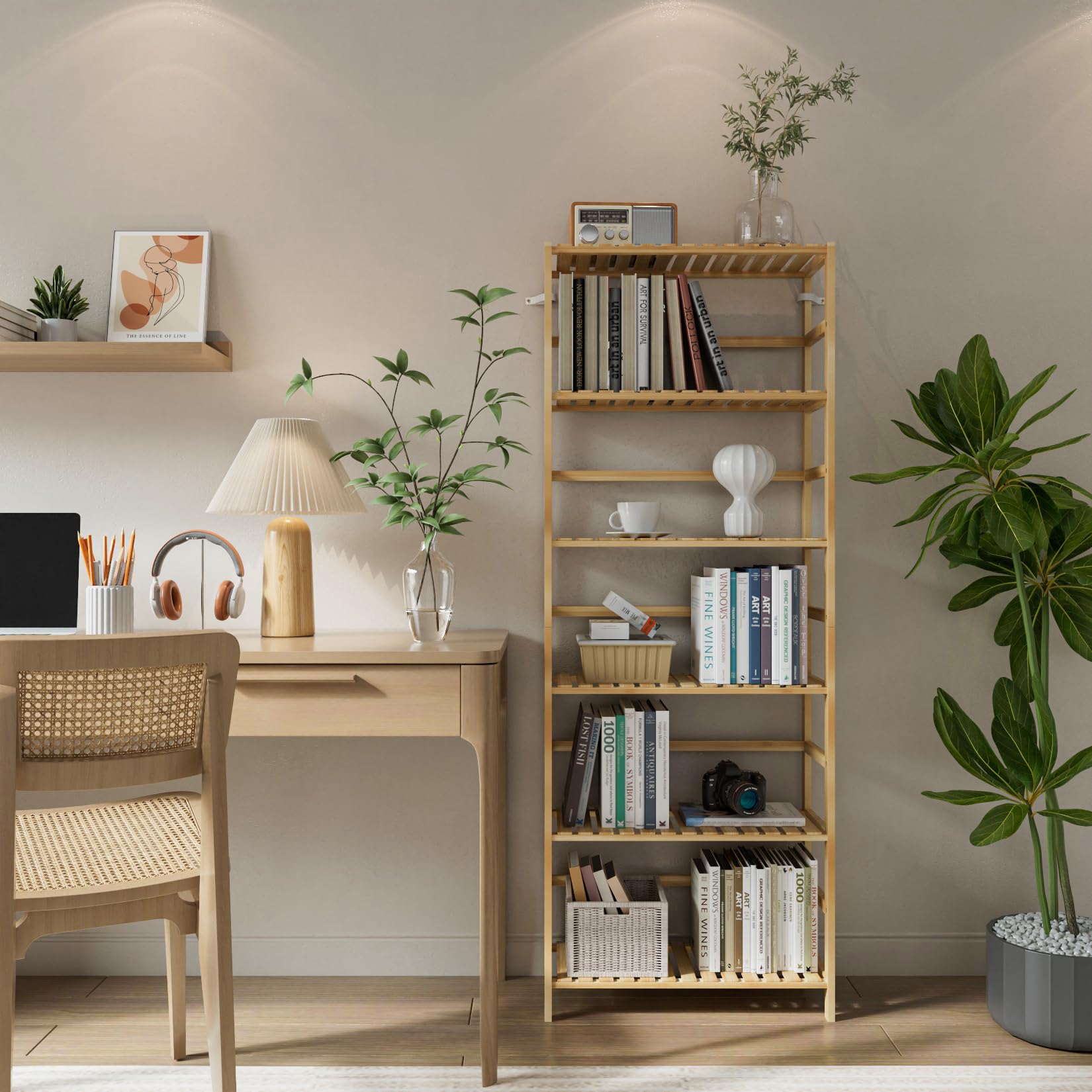unho Estantería de Almacenamiento de Bambú con 6 Niveles: 60x26x161cm Unidad de Almacenamiento con Estantes Regulables en Altura Estante Vertical para Dormitorio Cocina Oficina Estudio