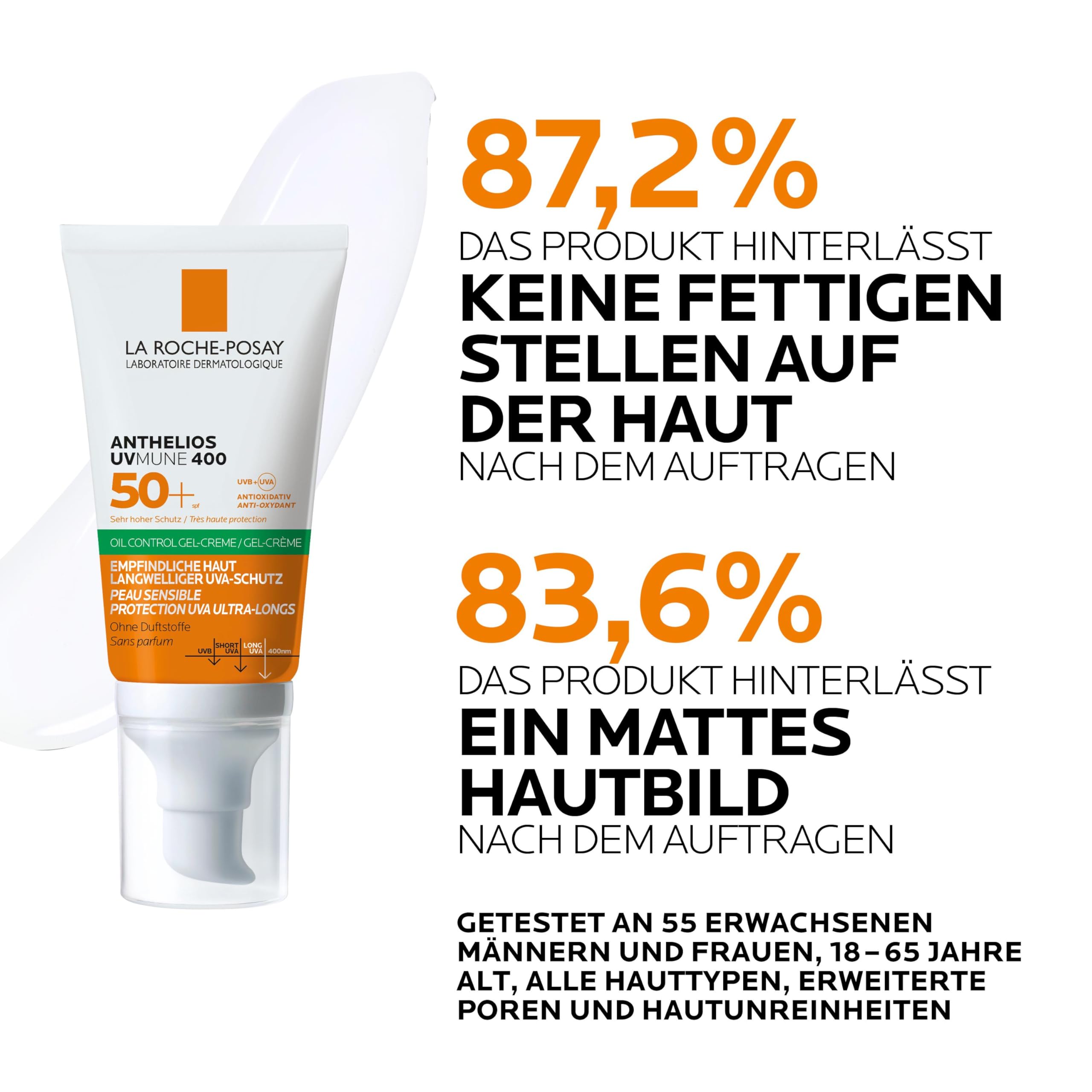 La Roche Posay Anthelios UV Mune 400 Oil Control Fluid, mattierende Gel-Creme mit LSF 50+ für ölige Haut, Mildert Hautglänzen, Mit mattierenden Mikropartikeln und Mexoryl 400, 50 ml