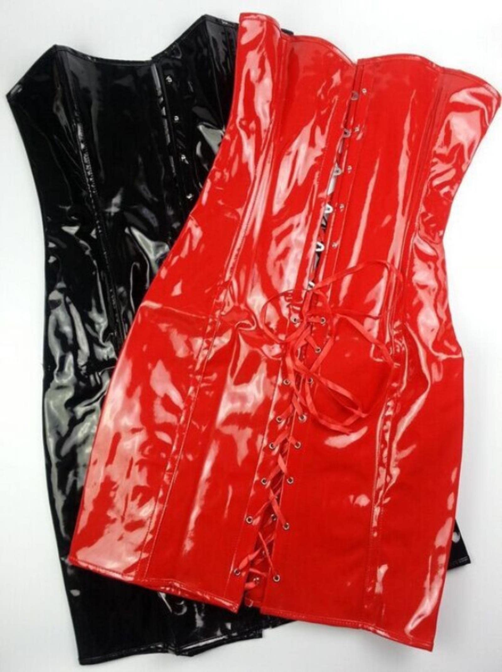 S-XXL Noir/Rouge Long Corset en Cuir Sexy Gothique Corset Robe en Cuir PVC Squelette Corset Top Dentelle Clubwear Corset-Noir,M