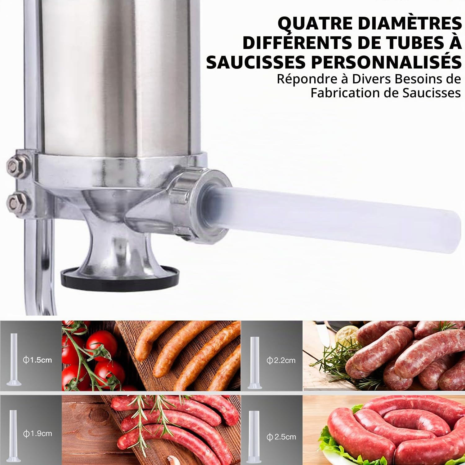 3LBS Poussoir a Saucisse, Acier Inoxydable Poussoir Saucisse Manuel, Verticale Poussoir Saucisse avec 4 Tubes de Remplissage pour Saucisses Maison