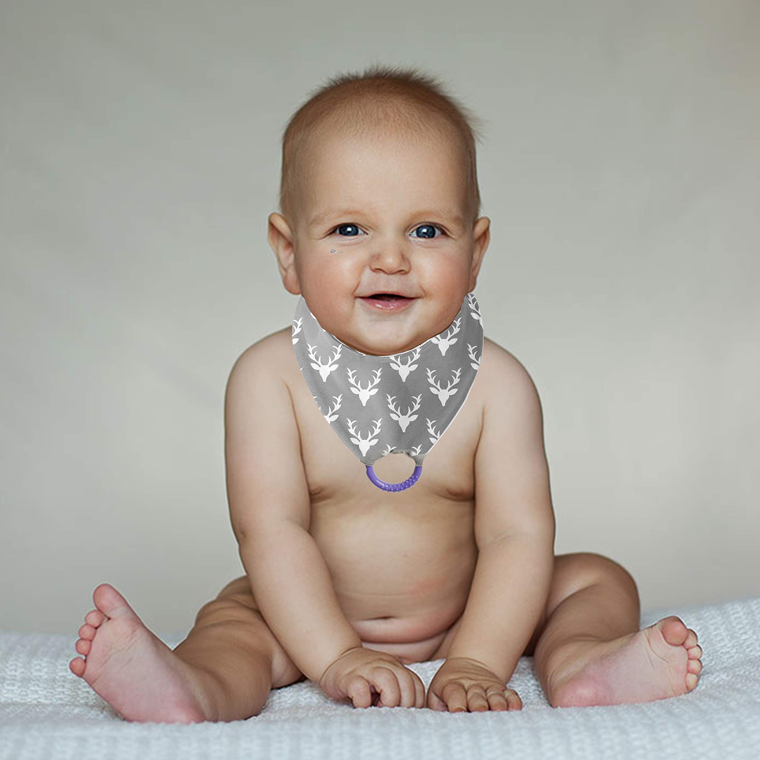 BeeBaby Super Absorbent & Soft Bandana Bib with Snap-On Teether. 100% Waterproof & Washable. (Gray - Deer) 3M+ 1