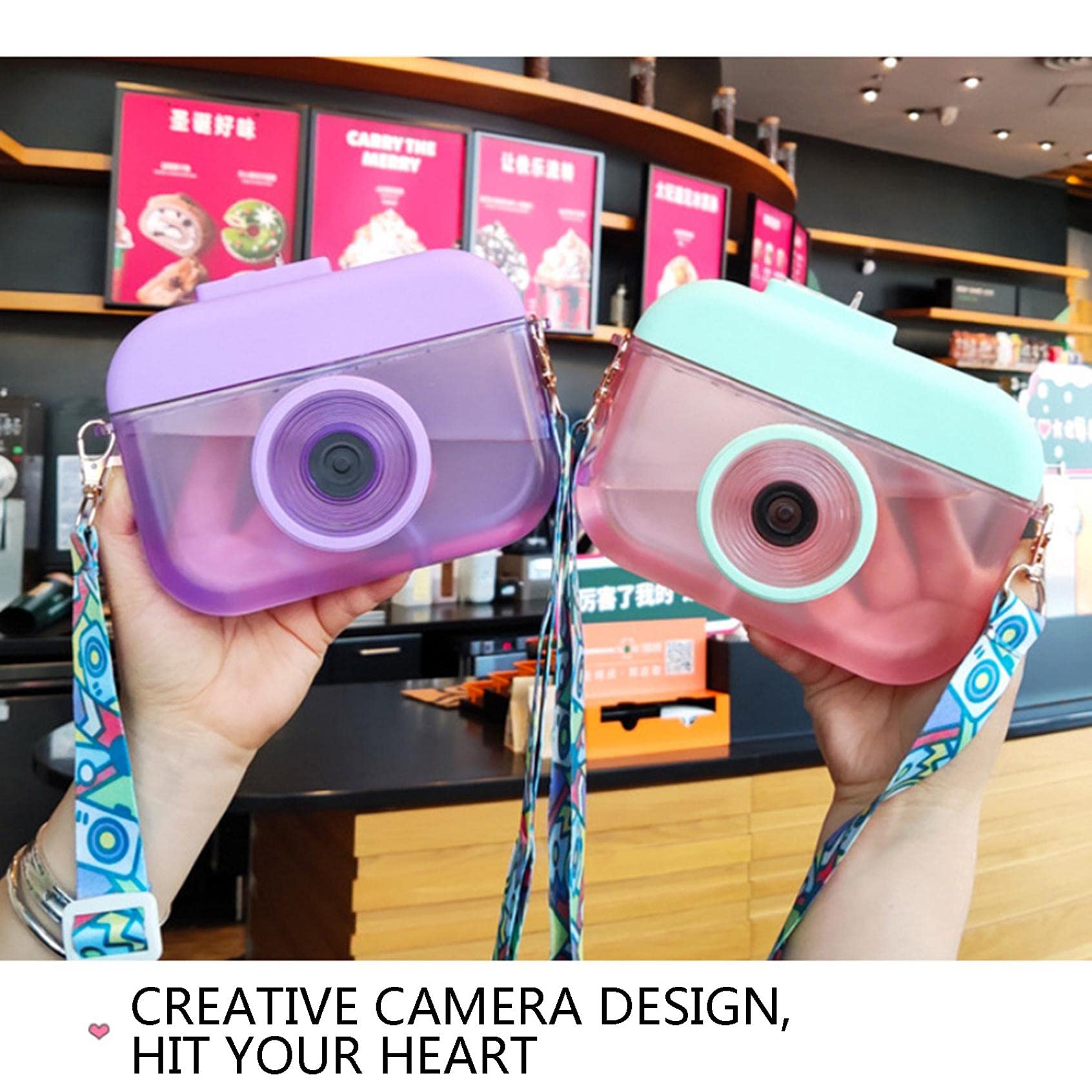 Super Cute Kids Water Bottle With Straw & Strap - 14oz (400ml) Camera Shape, Leak Proof Flip Lid, BPA-Free, For Outdoor Sports (Purple)