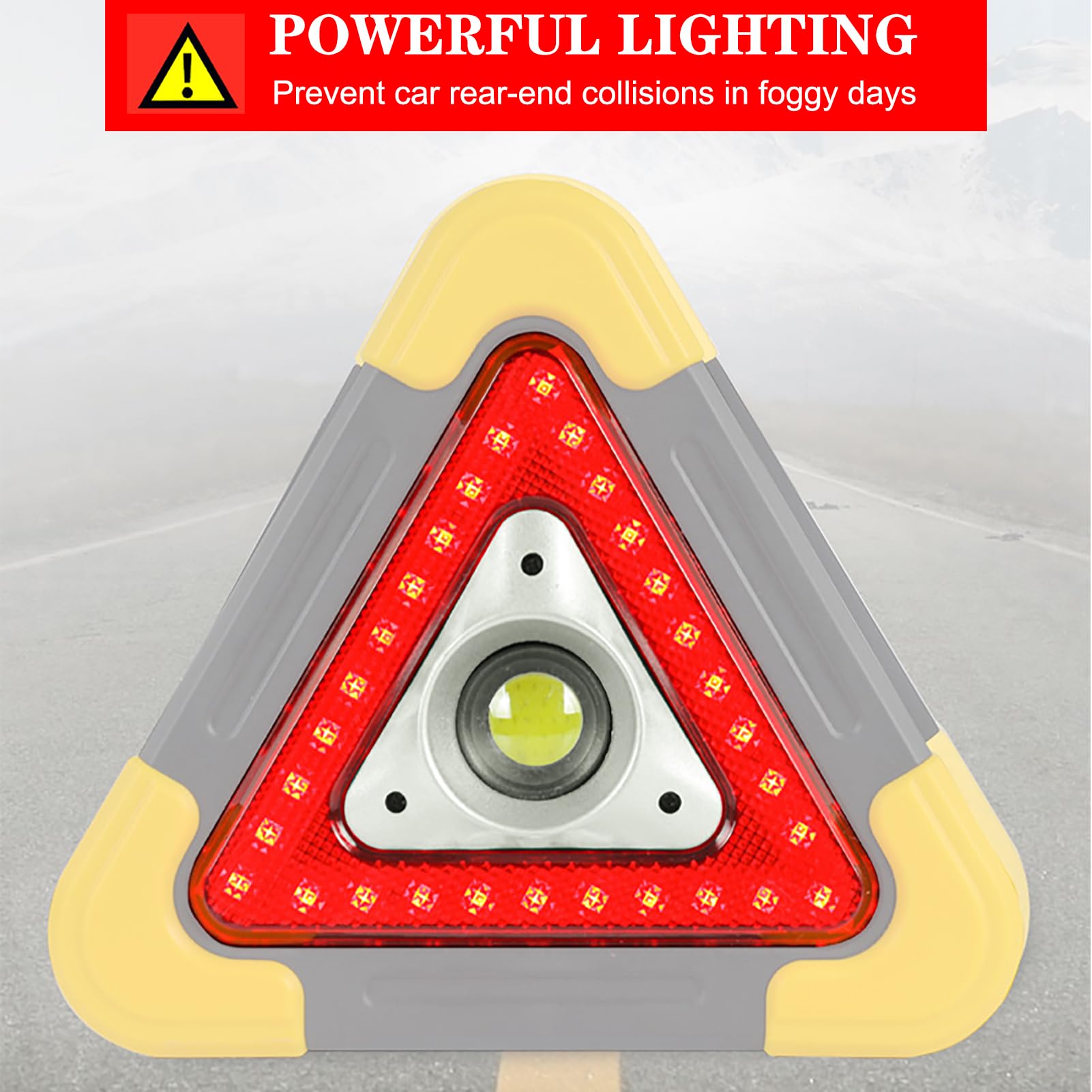 Safety Triangle Warning Light, Red LED Lights & COB Working Light Multiple Signals Waterproof Flood Lights for Car Roadside Emergency, 2000mA Rechargeable & Waterproof