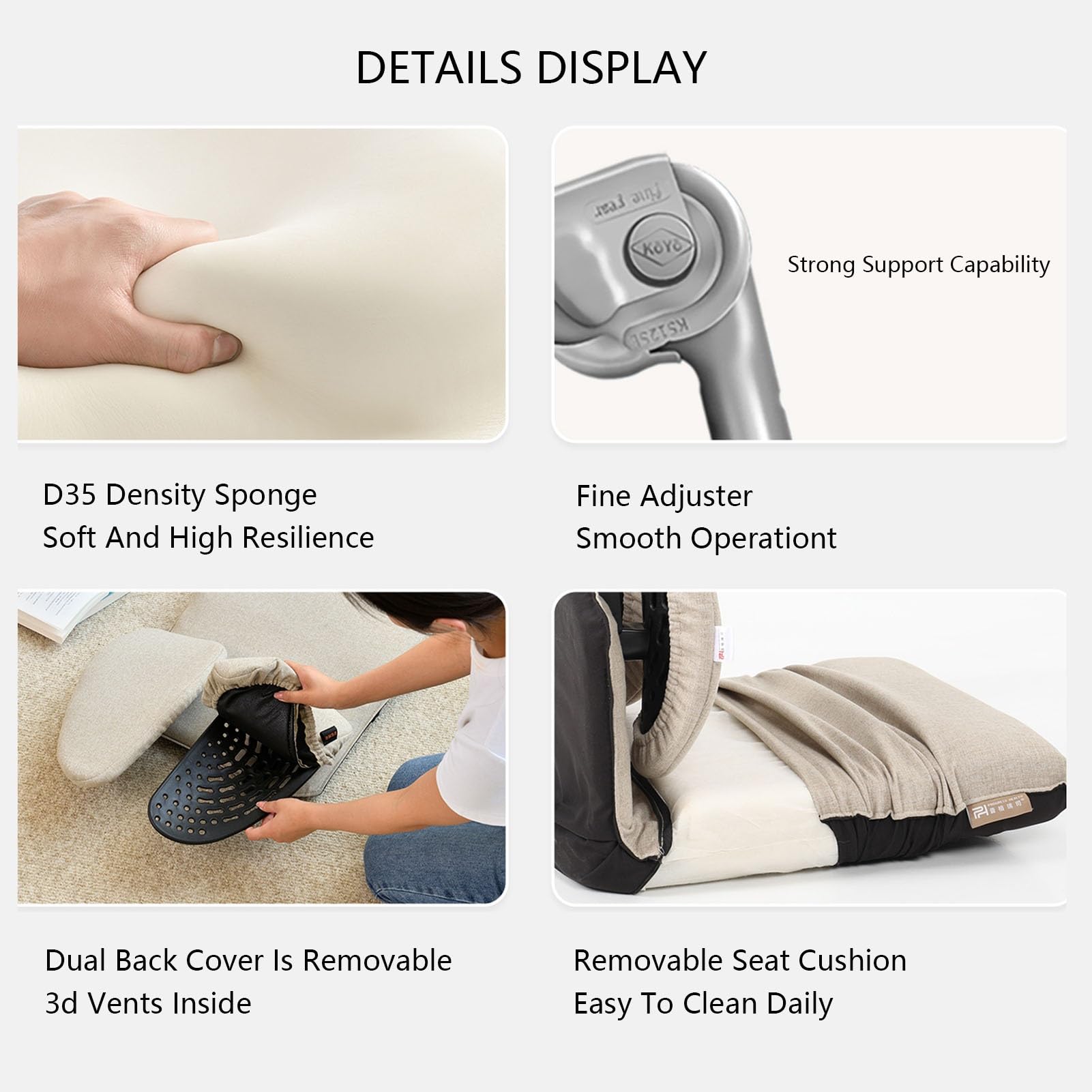 Krzesło podłogowe z oparciem oparcia, wygodne krzesło do czytania, ergonomiczny fotel do gier, 5 regulowanych pozycji, do mieszkania, sypialni, na balkon, biały