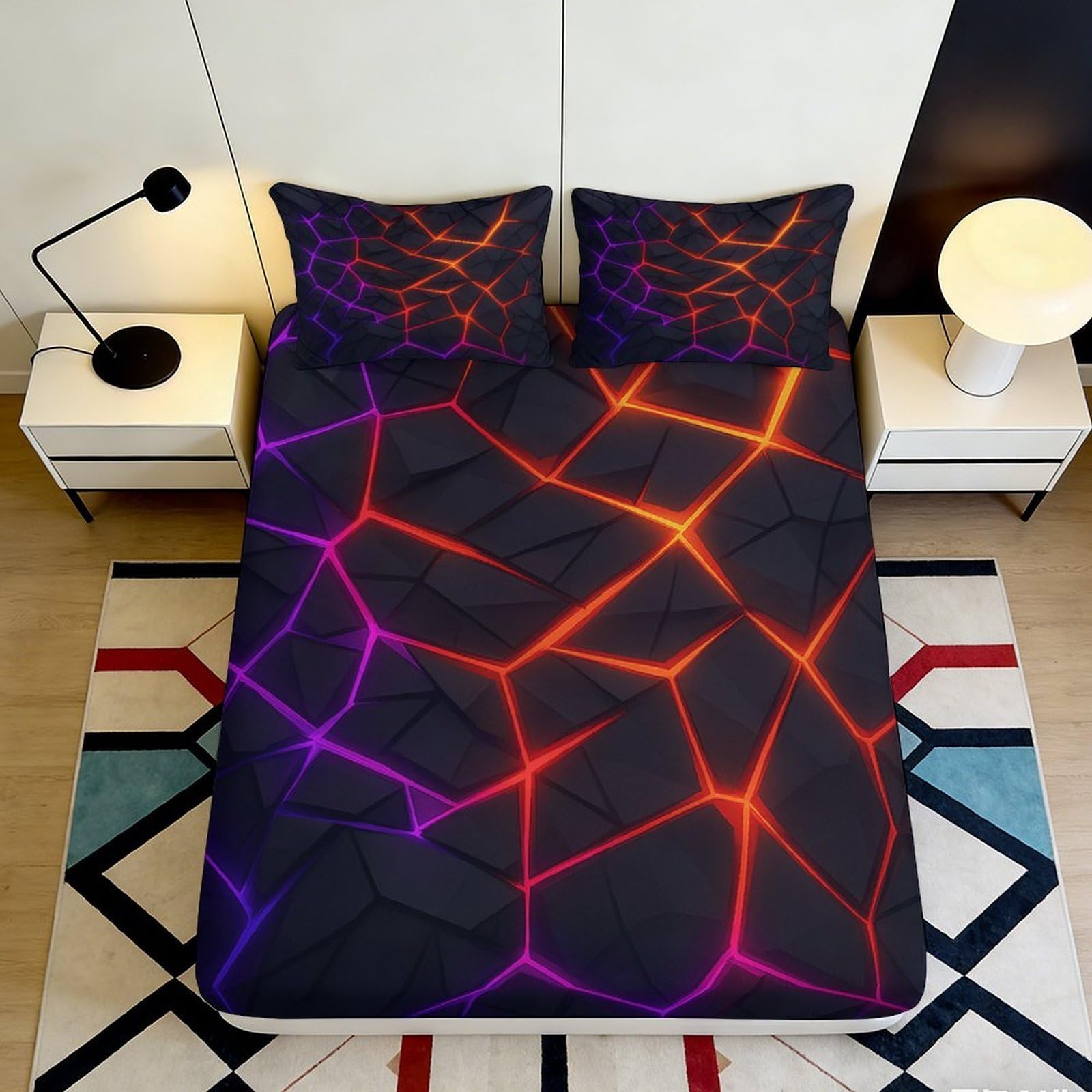 3D Printed Lava Cracked Pattern Fitted Sheet Microfiber Soft Breathable Neon Lines Mattress Cover for Bedroom Dorm Bed Protection Decor 180x200x25cm