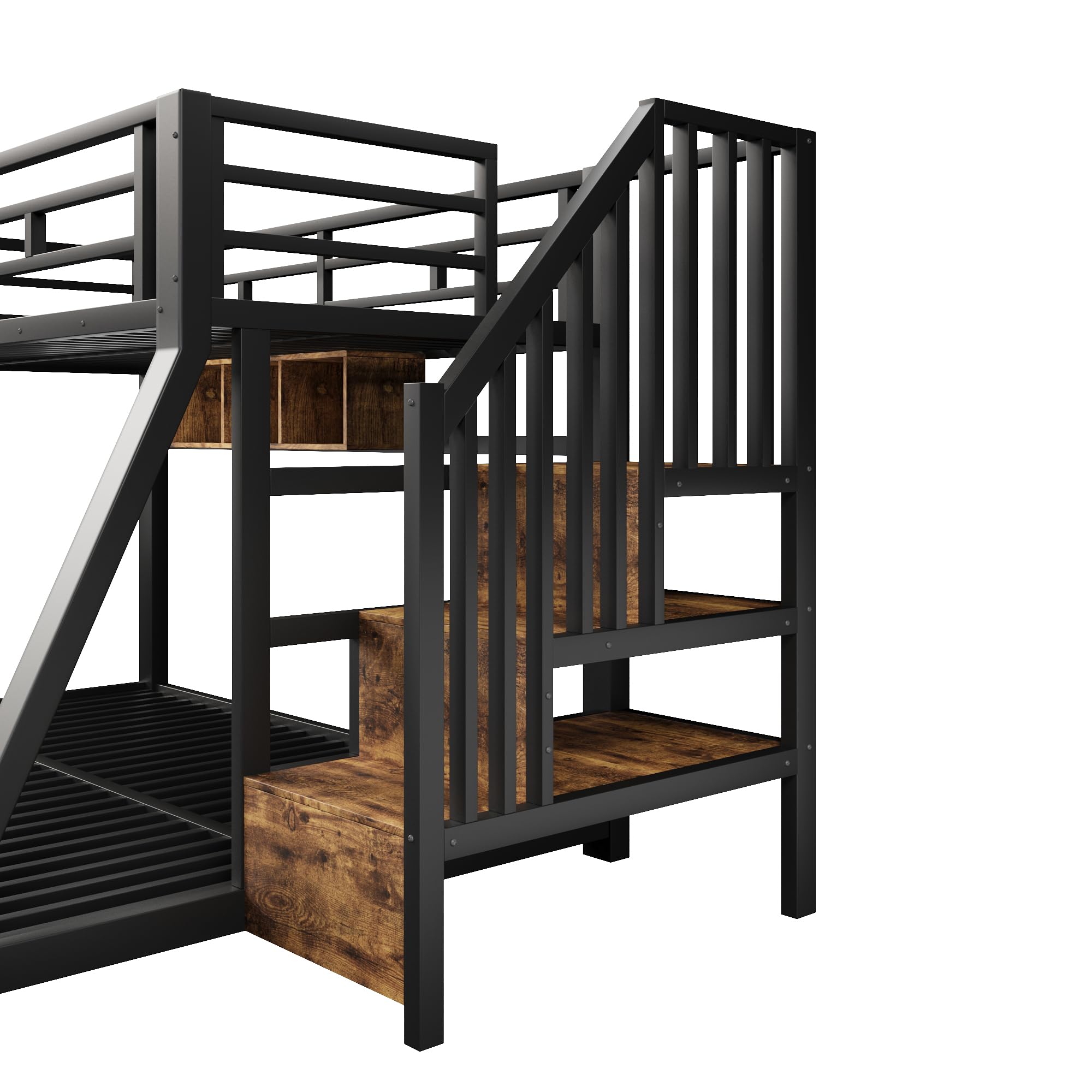 Letto a castello con luci a LED,Letto superiore 90×200 cm,Letto inferiore 140×200 cm,con 3 vani contenitore,Materiale metallico con scaletta contenitore,guardrail e pediera,Nero (Senza materasso)