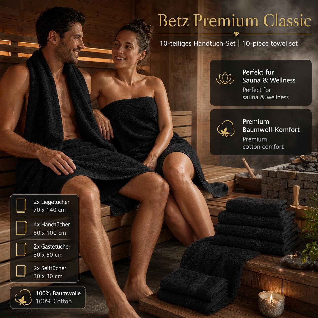 Betz Juego de 10 Toallas Classic 100% algodón 2 Toallas de baño 4 Toallas de Lavabo 2 Toallas de tocador 2 Toallas faciales Negro