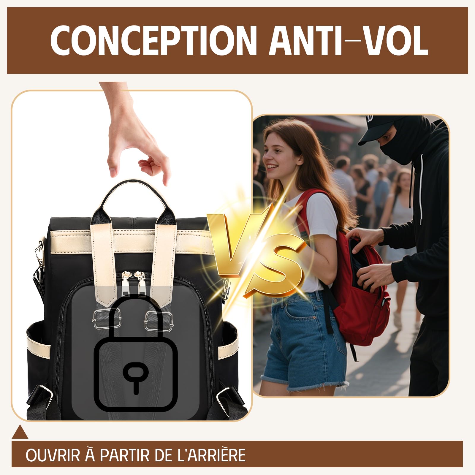 Sac a Dos Femme Antivol, Sacs à Main Portés Dos Elegant Leger, Petit Sac à Dos Impermeable Chic avec Étui Carte Bancaire Anti Piratage & Pochette pour Voyage Ville Balades Transport en Commun