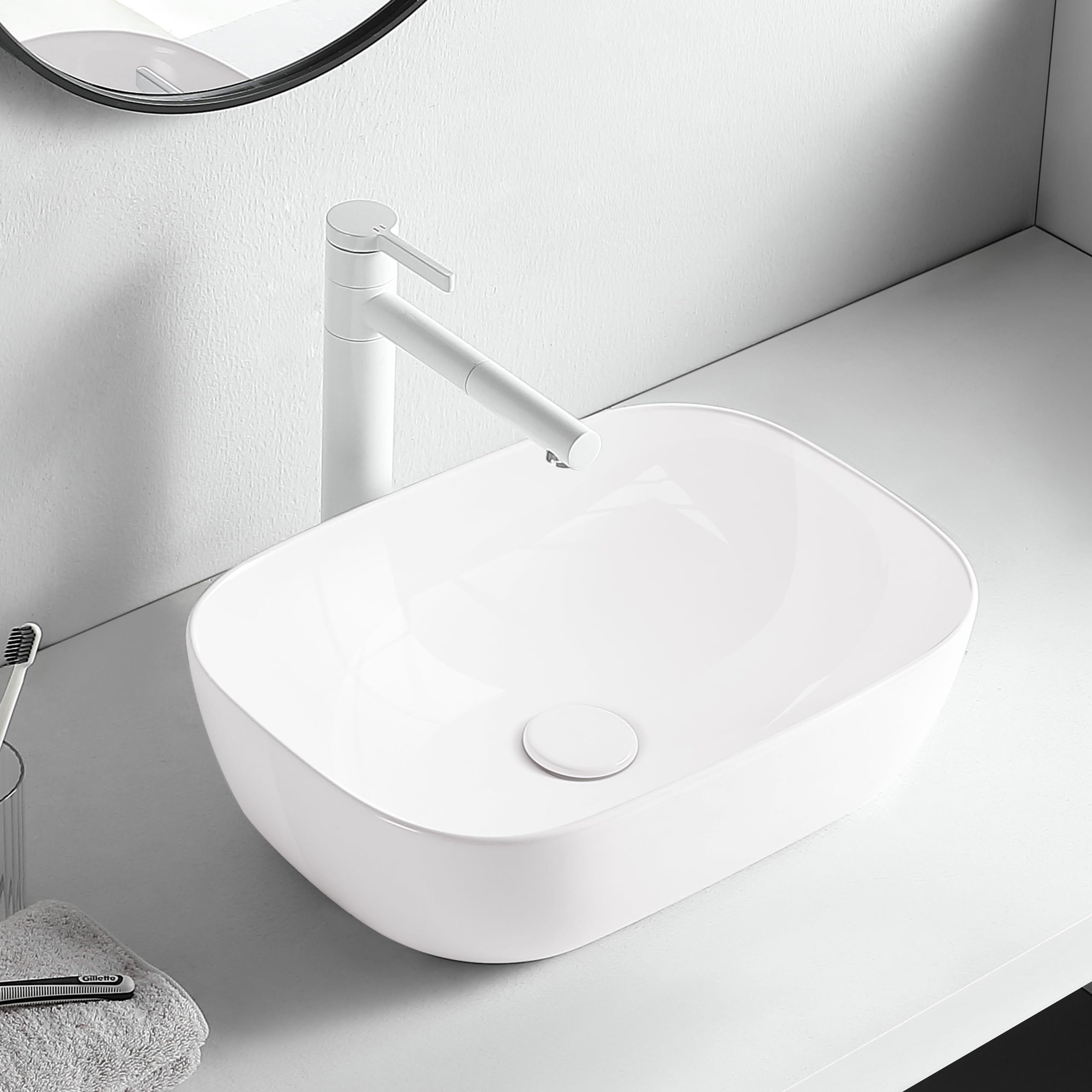 AQUAUNO Lavabo sobre encimera NINA 47x33 cm Rectangular – Lavabo de cerámica blanco sin orificio para grifo y sin rebosadero – Cerámica sanitaria para baño