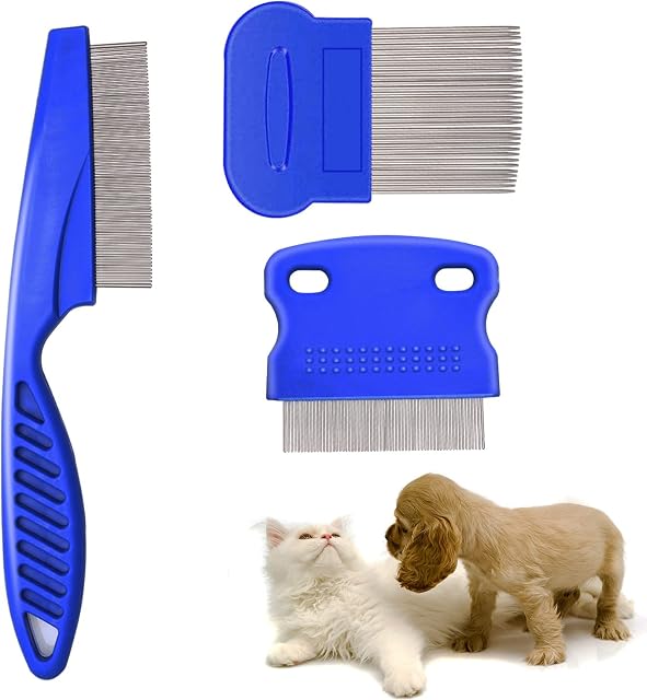 Flea Comb for Cats Dogs, 3 PCS Lice Combs Fine Tooth Comb Grooming Set for Cat Dog Pets Float Hair Tear Marks Tick Removal Tool