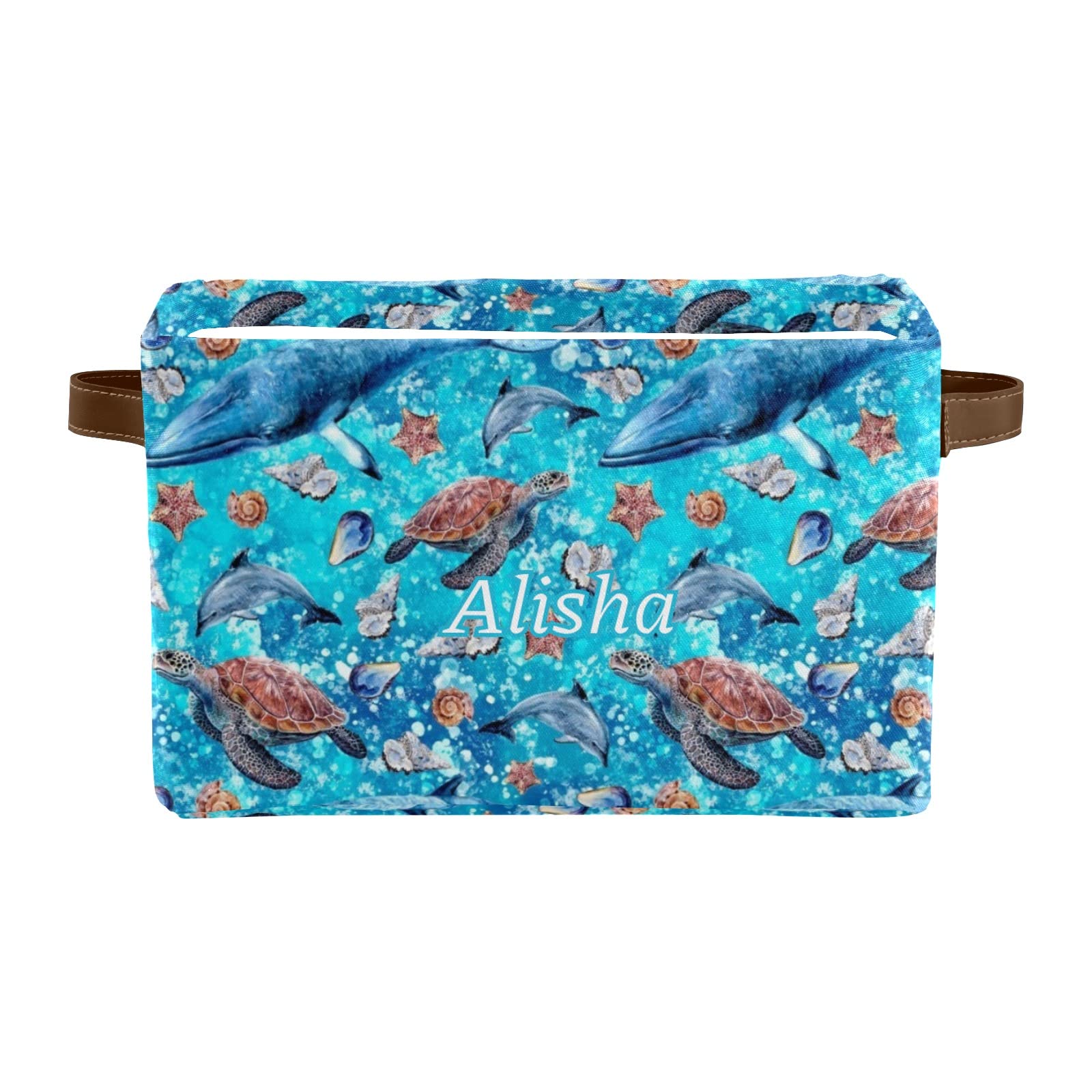 Life Turtle Dolphin Personalized Storage Basket,Custom Storage Bins Cubes Organizer with Handle for Bedroom Wardrobe Nursery Basket 2 Pack