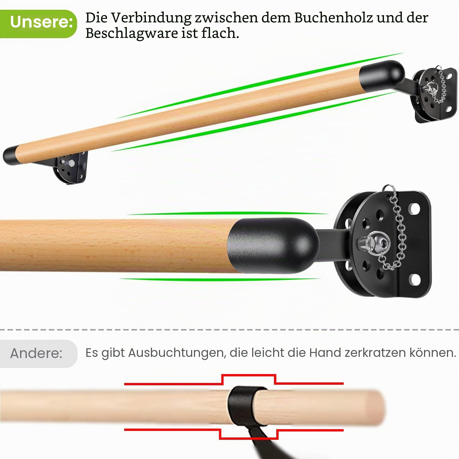 Dolibest Ballettstange Holz, 100-300cm Ballett Stange Kinder Höhenverstellbar Wandmontage Stretching Tanzstange Erwachsene Zuhause Barre Gym Training Ausrüstung mit Metallhalterung, 4cm Durchmesser
