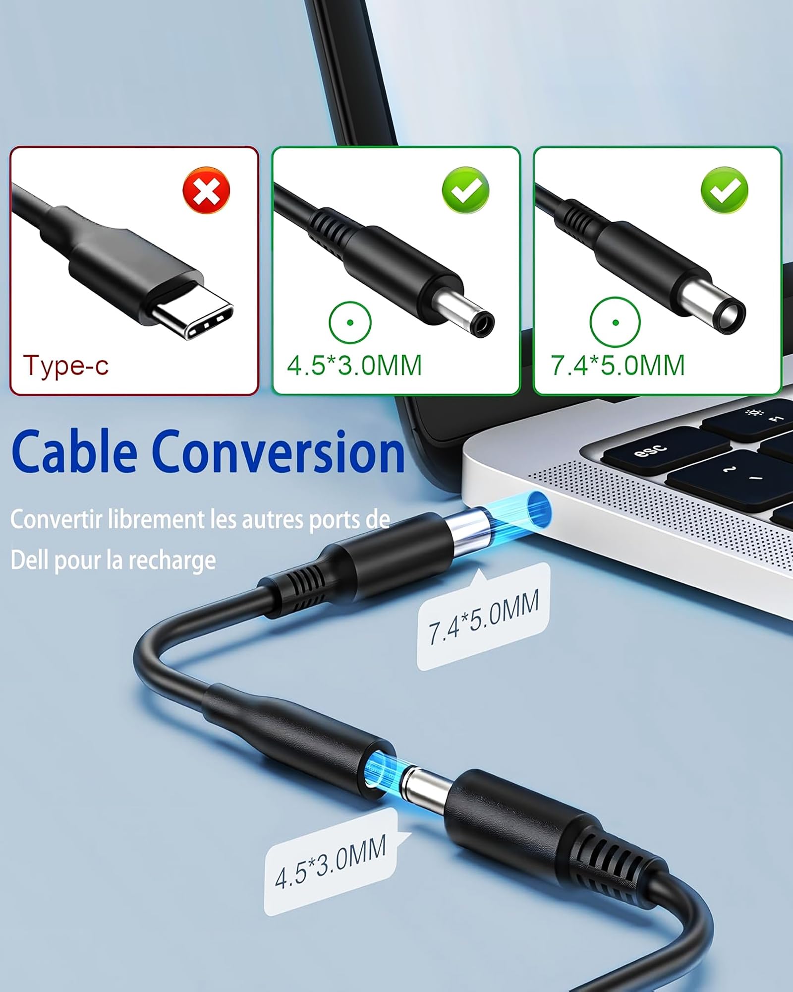 ANDHOT Compatibile con 65W Dell laptop caricabatterie, compatibile con 65W Dell laptop, compatibile con Dell Inspiron 13 14 15 17 3000 5000 7000 alimentatore adattatore 4,5 x 3,0 mm & 7,4 x 5,0 mm
