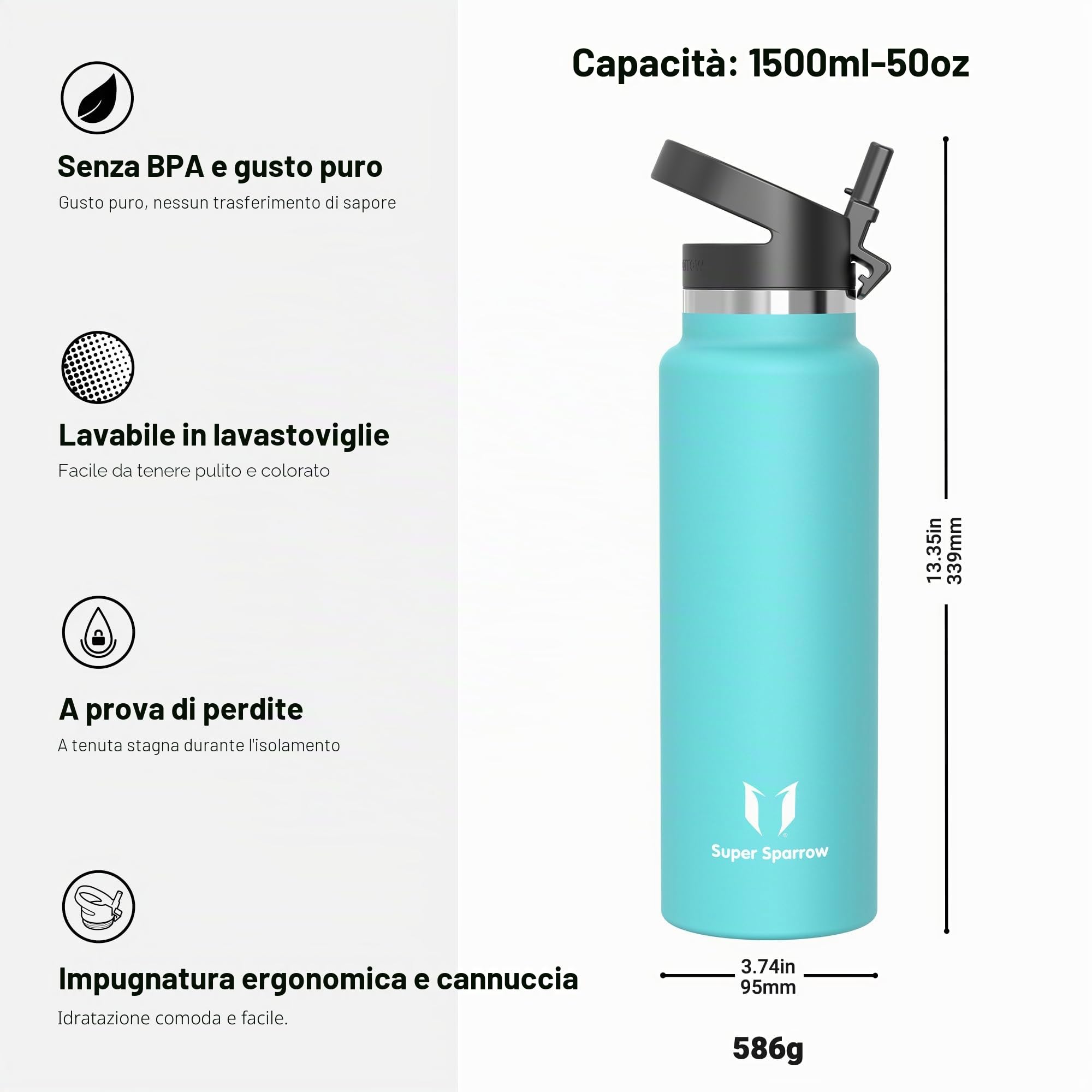 Super Sparrow Borraccia Termica - 500ml, 750ml, 1000ml, 1.2L, 1.5L- SwivelSip Inox Bottiglia - Senza BPA Borracce Termiche, Borraccia Ergonomica per Bambini, Sportiva, Bici, Campeggio, Palestra