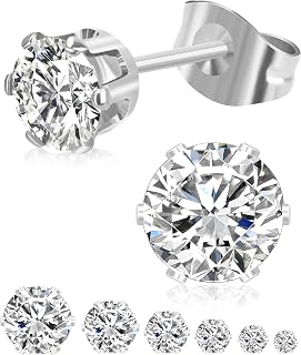 WETEL 6 Pairs Hypoallergenic CZ Stud Earrings Set, 14K Gold Plated 316L Steel, Sparkling Cubic Zirconia 3-8mm for Women Men