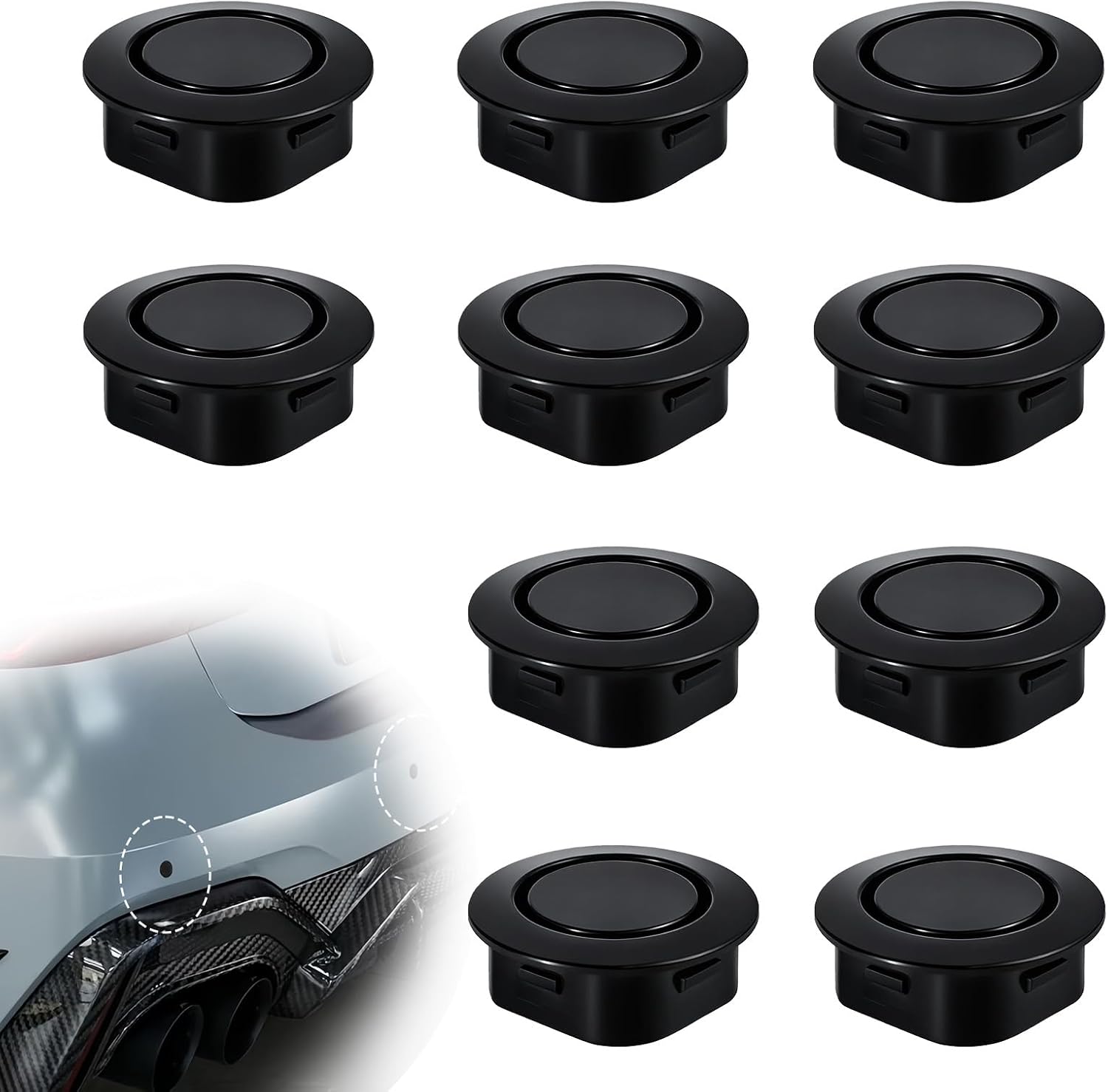10 PCS Car Bumper Hole Plugs, Durable Waterproof Snap-on Bumper Radar Cover, Universal Fit Radar Plug Covers for Car Exterior Trucks Sedans SUVs, Black
