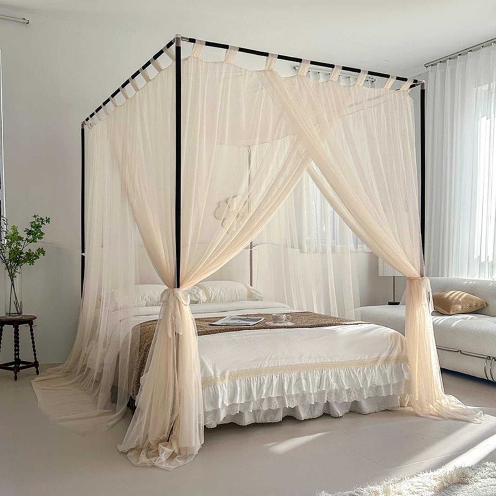 Moustiquaire de lit à 4 montants d'angle, rideaux à baldaquin en dentelle | Moustique de sol cryptée avec support métallique pour lit de fille, chambre d'adulte ou chambre d'en(Beige,150x200cm)