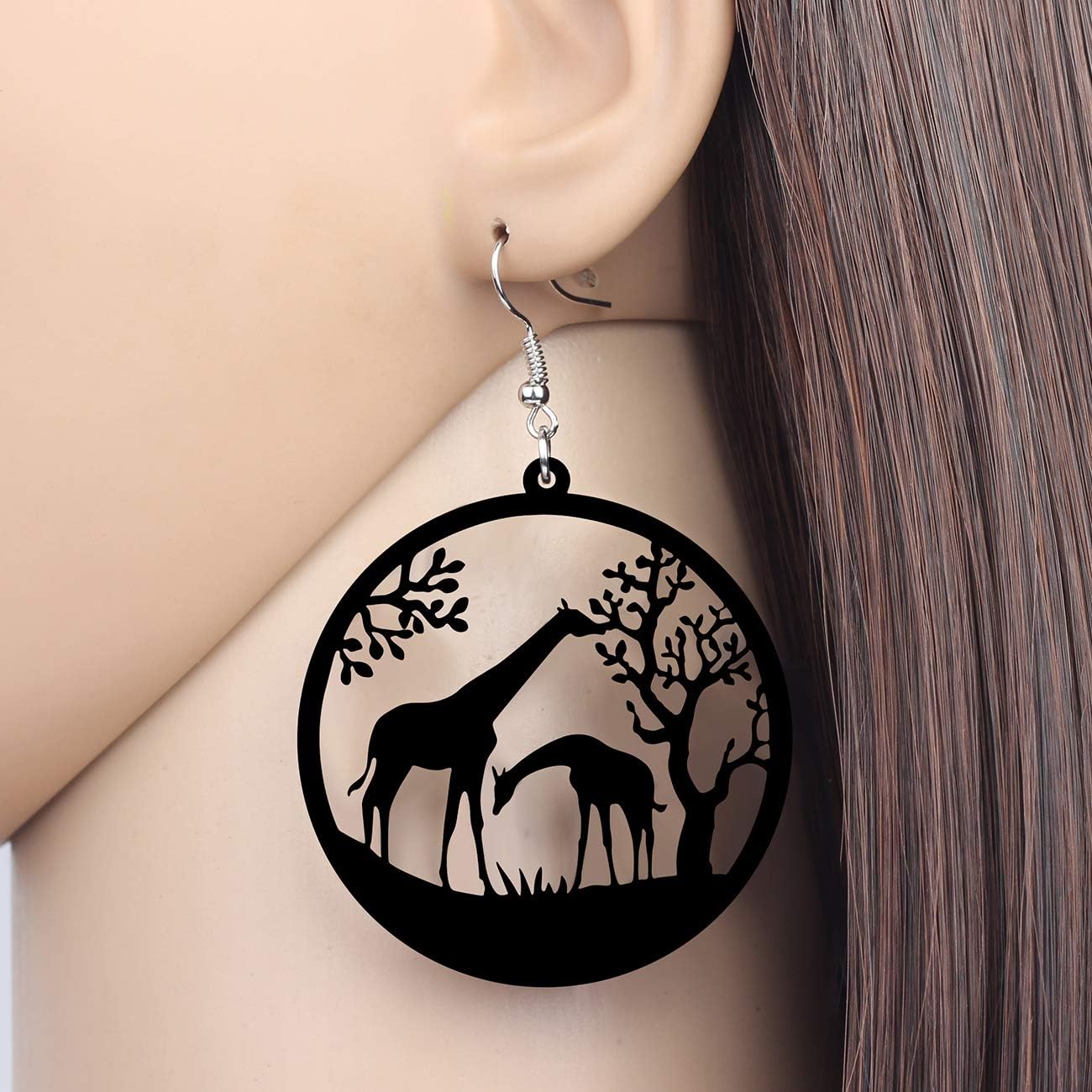 NEWEI Acrylic Hollow Big Round Circle African Giraffe Earrings for Women Dangling Safari Animal Jewelry Charms - Image 2