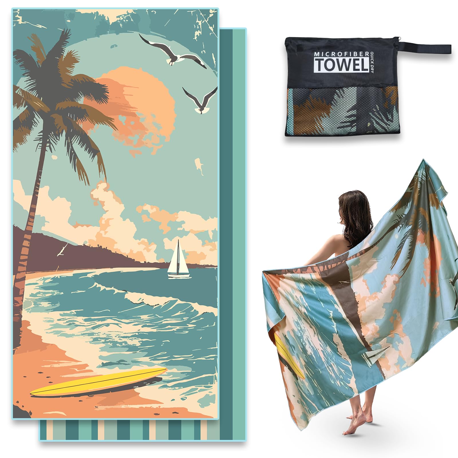 Anavasi Microfibre Beach Towels for Adults - 1 Pack 180 x 90 cm with Net Bag, Double Side Print, Quick Dry, Lightweight, Sand Free, Extra Large 100% Recycled Towel for The Beach (Coconut Tree)