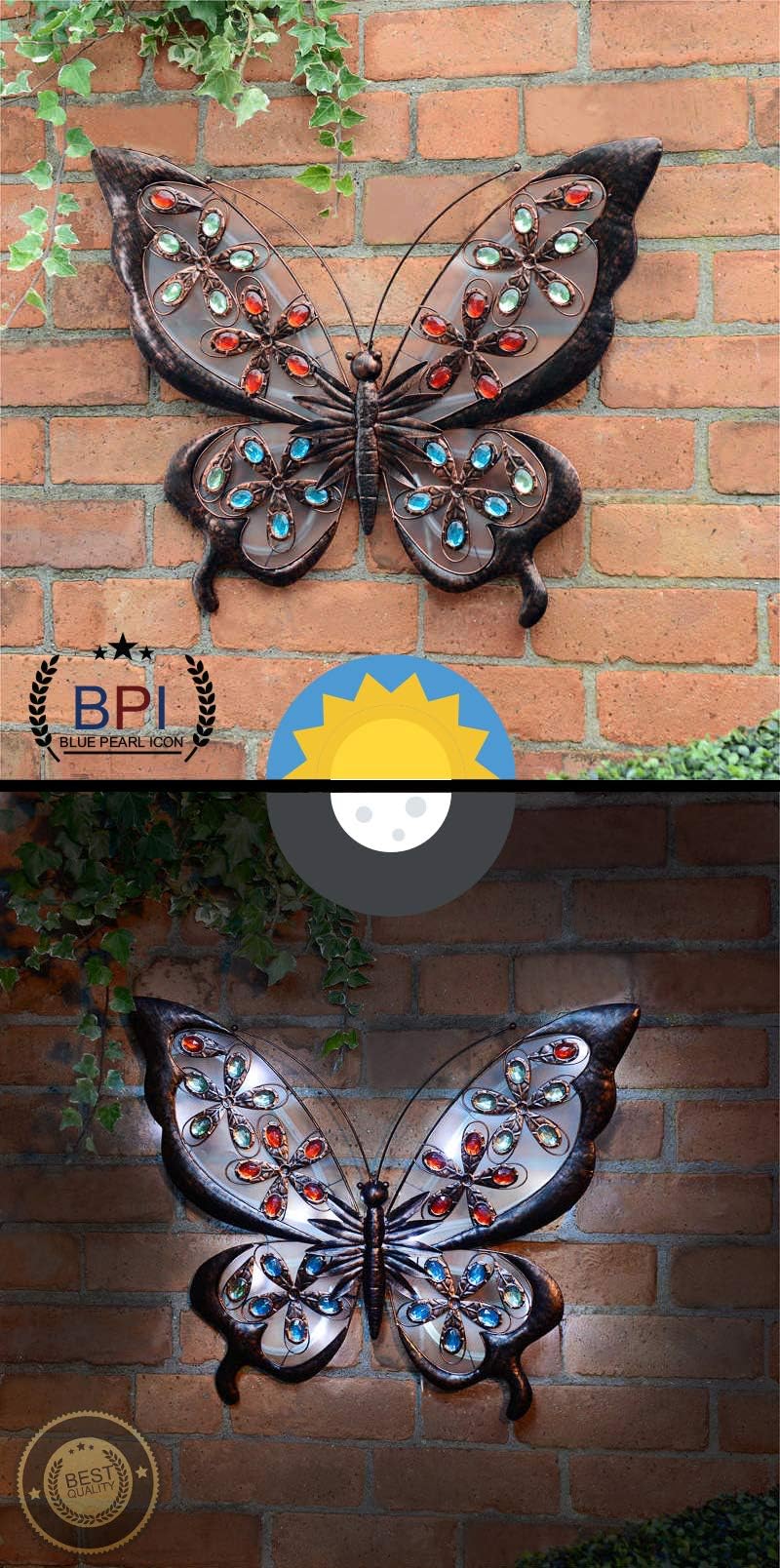 Solar Powered Ultra Bright L E D Metal Butterfly Garden Wall Art | Weatherproof Outdoor Decoration Contemporary Garden Lights for Patio, Fence, Yard Decorative Solar Lights for Ambiance