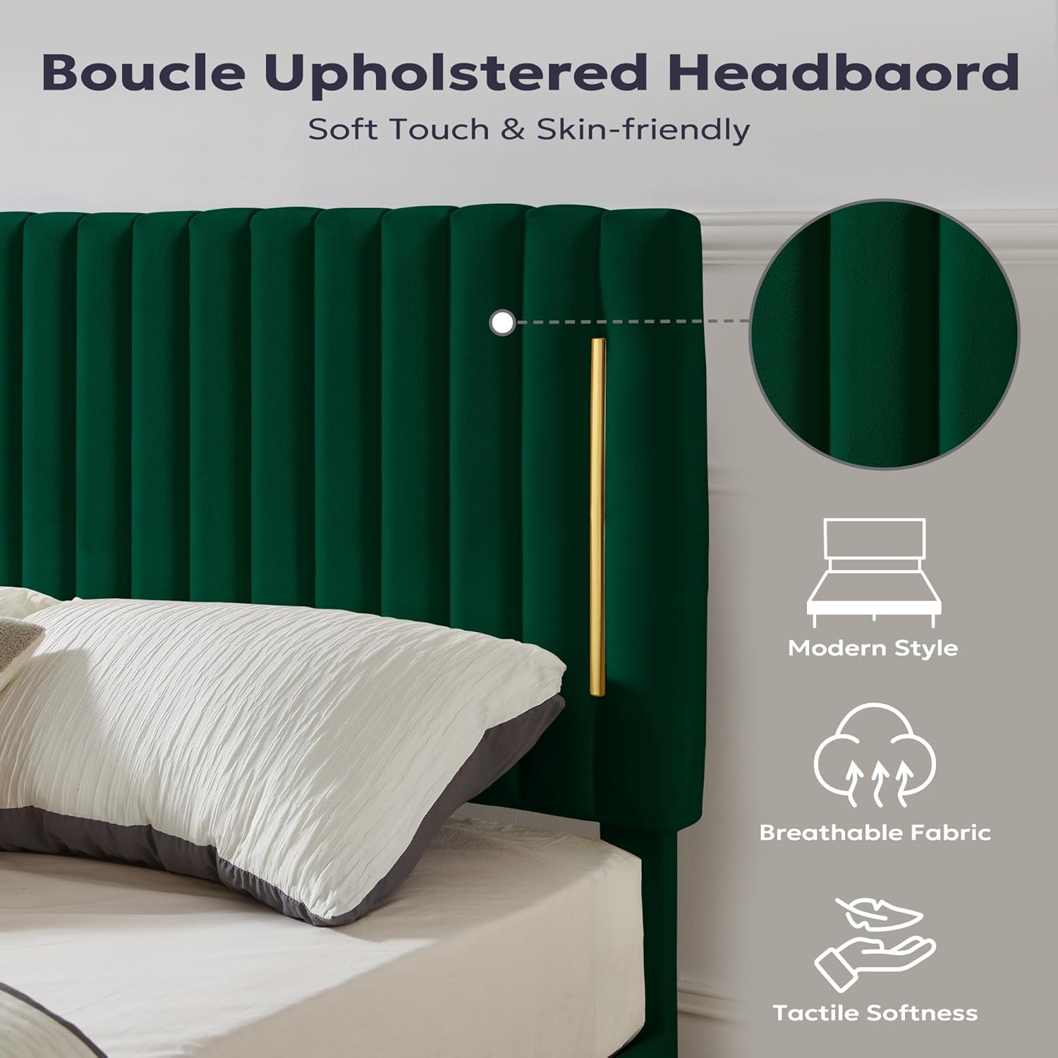 Furnify Full Platform Bed Frame, Velvet Upholstered Bedframe with Vertical Channel Adjustable Headboard, Golden Plating Trim, Mattress Foundation with Wooden Slats, No Box Spring Needed, Green