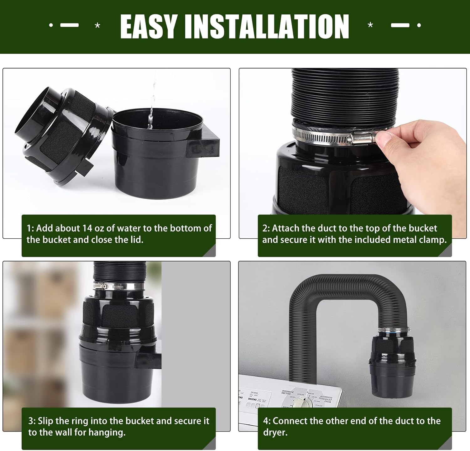 Upgraded Version - VIWINVELA 3 IN 1 Indoor Dryer Vent Kit with Lint Trap Dryer Lint Catcher Water Filter Bucket for Electric Dryer (Black Dryer Vent Bucket with Black Hose)