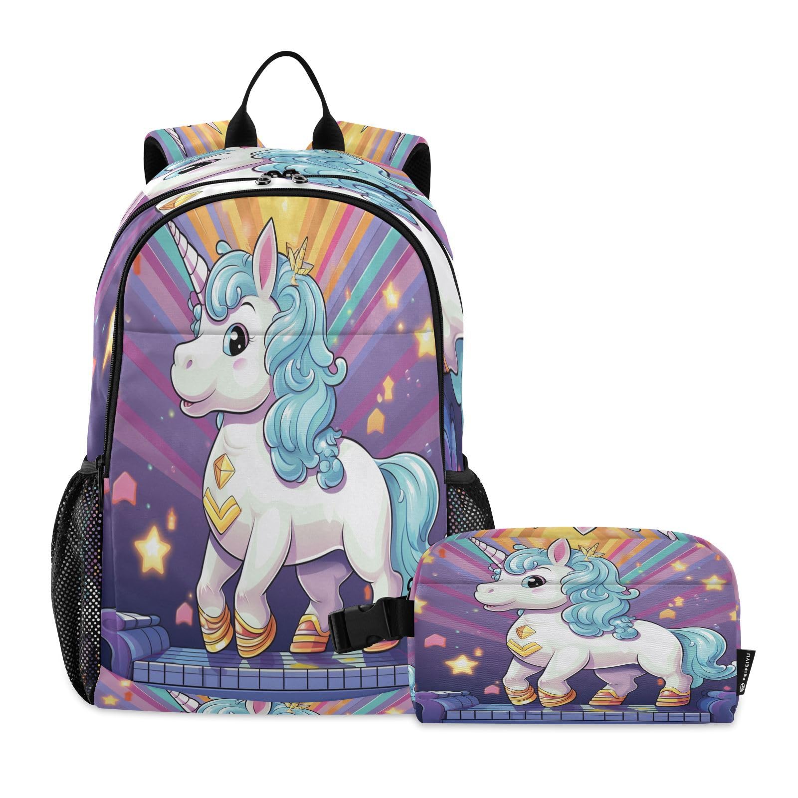 Sac d'école léger durable licorne arc-en-ciel avec kit repas imperméable - 8