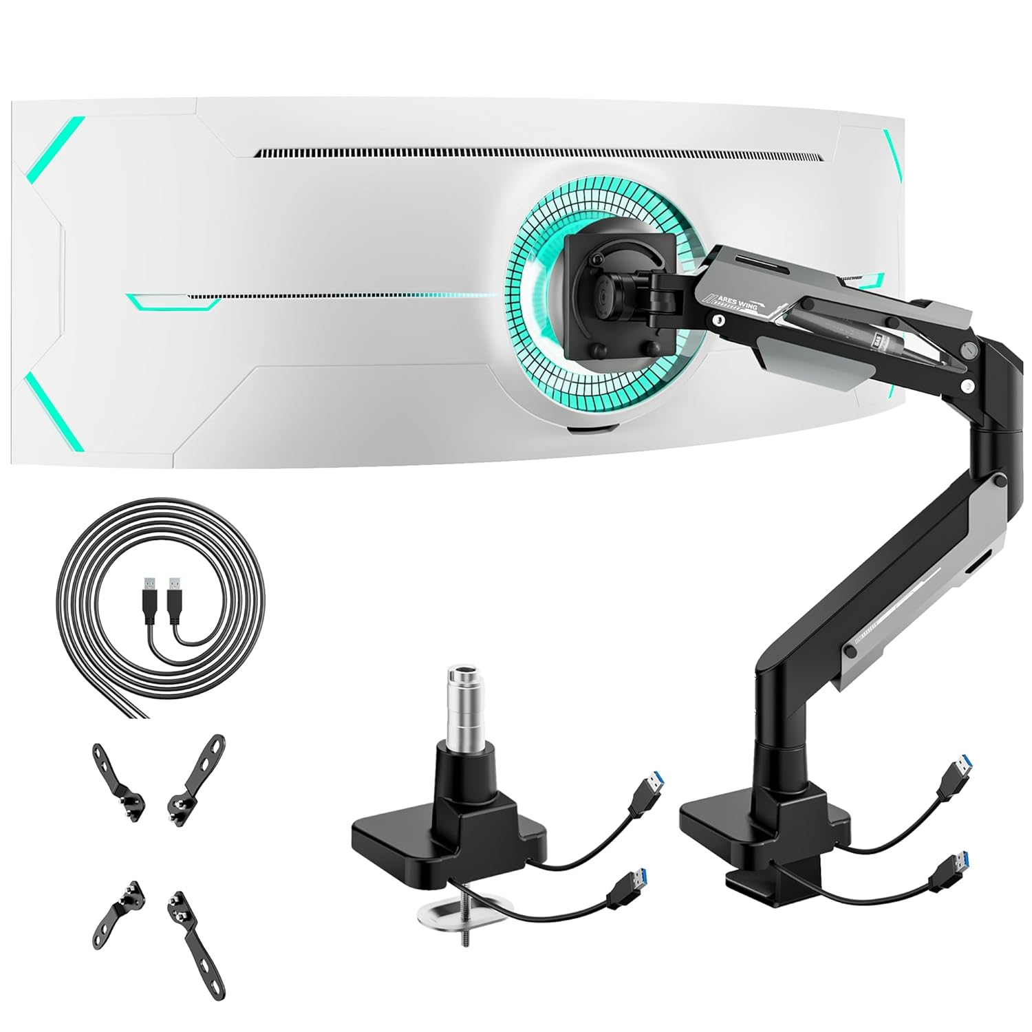 ARES WING Heavy Duty Ultrawide Monitor Arm - Gas Spring Aluminum Monitor Mount with USB for 24-57 Curved