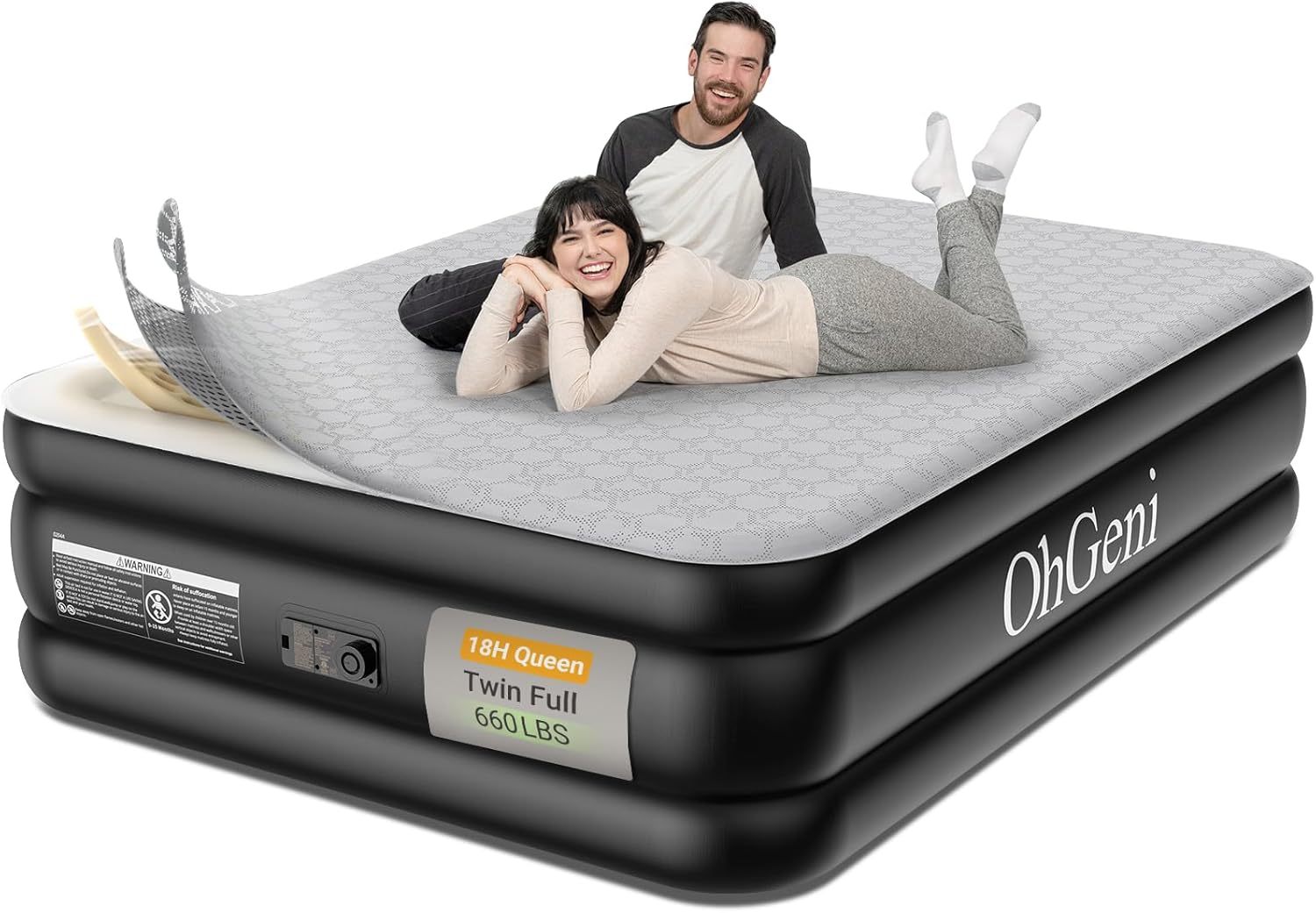 OhGeni 18″ Luxury Queen Air Mattress with Built-in Pump, Inflatable Bed with Silk Foam Topper for Superior Comfort, Premium Blow-Up Mattress for Home, Camping & Guest, Easy Setup, Extra Support, Black
