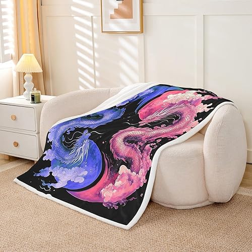 Miniatura 3 de Manfei Dragon Kids Throw Blanket Chinese Blue and Pink Dragon Fuzzy Blanket for Boys Girls Adults, Cartoon Animal Blanket for Bed Couch Sofa, Soft