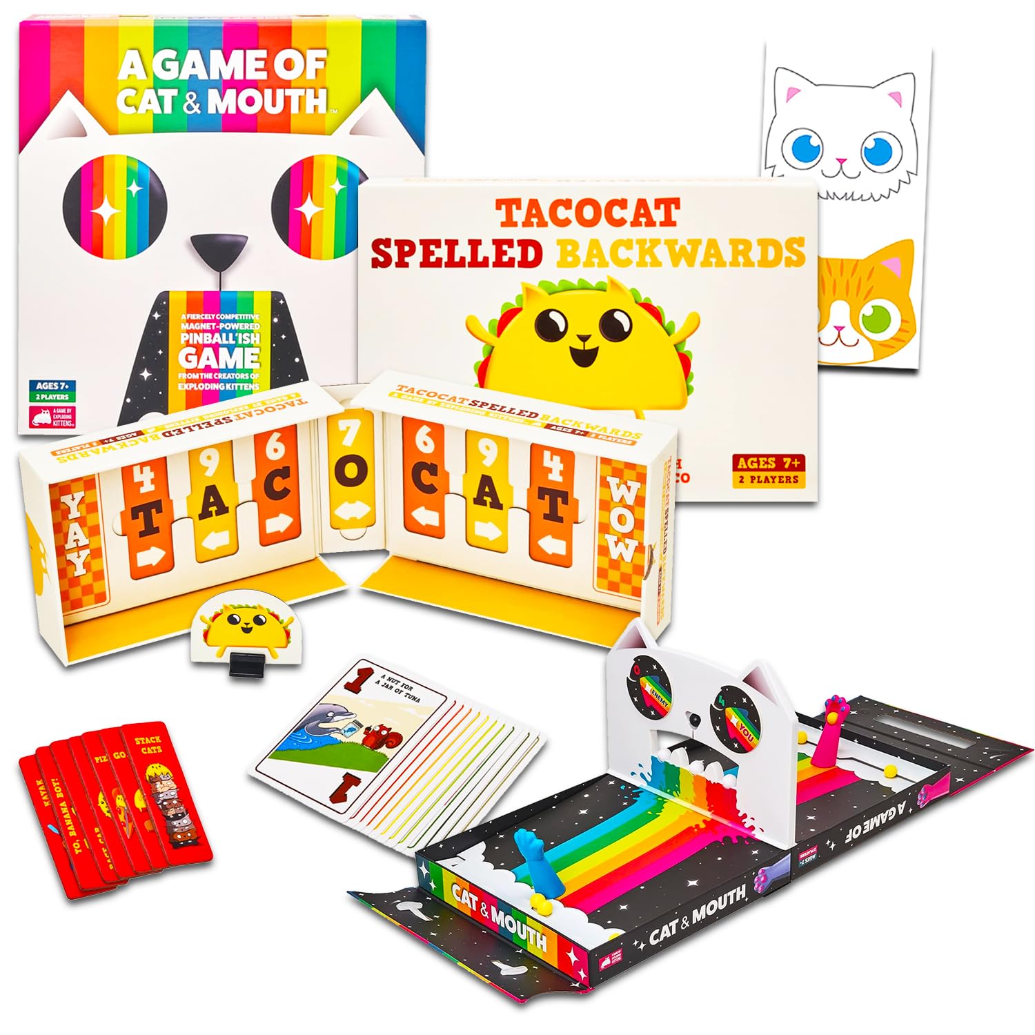 Cat Board Games for Adults, Kids - Card Game for Teens Bundle Includes Tacocat Spelled Backwards and A Game of Cat and Mouth Plus Stickers | 1v1 Board Games