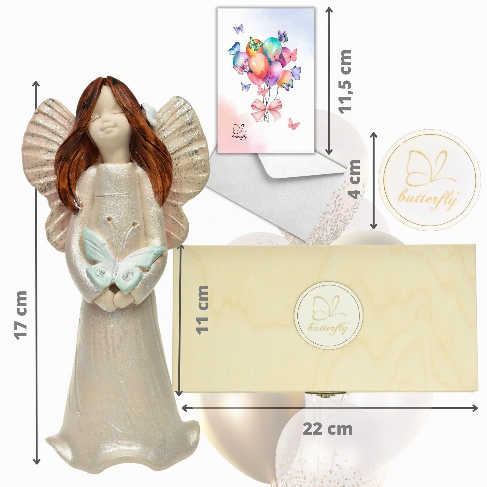 butterfly Figura De Ángel De Cerámica Con Mariposa En Caja De Madera Natural