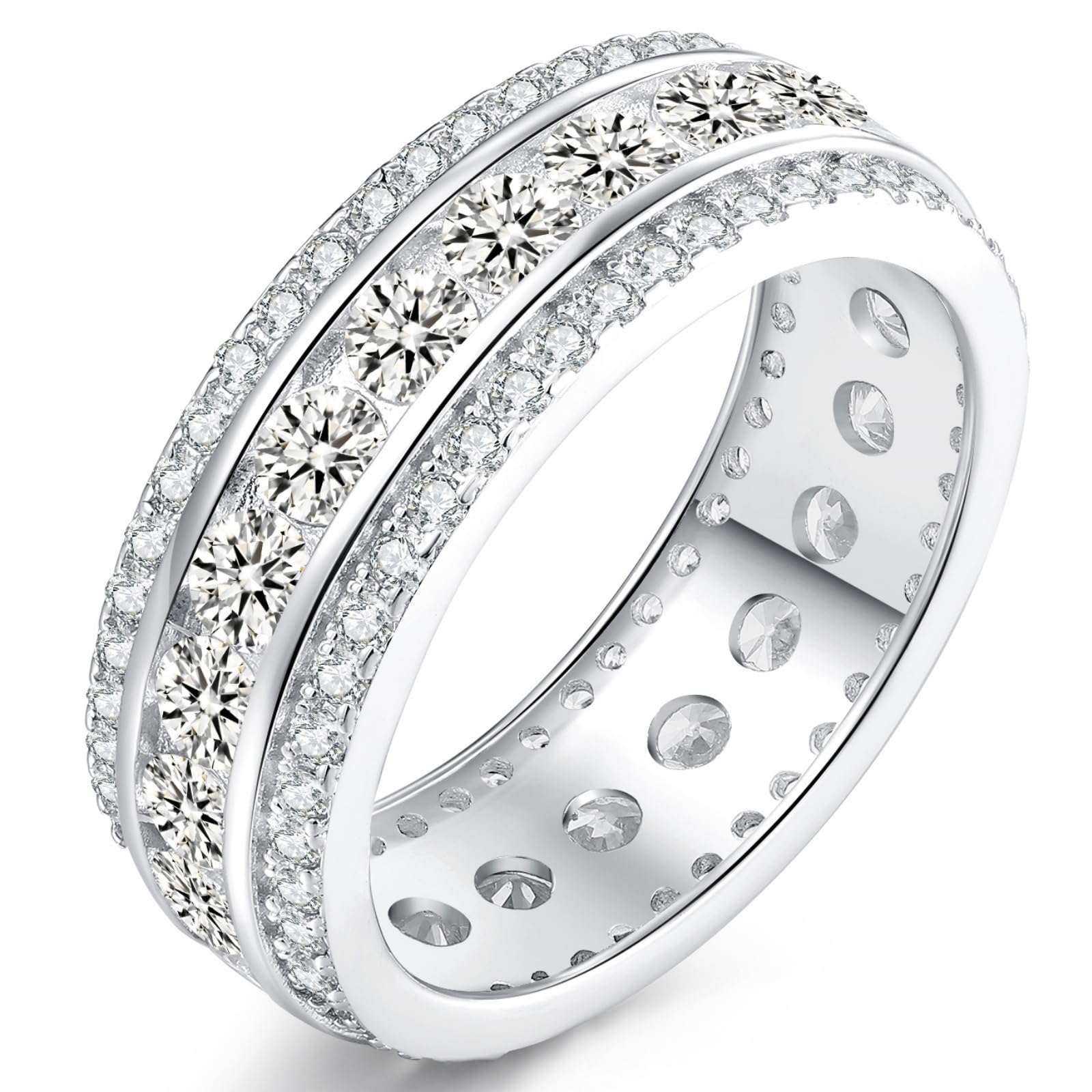 Mens Wedding Band 925 Sterling Silver Rings for Men Two Row Round 5A Cubic Zirconia Promise Rings for Him Size 8-12