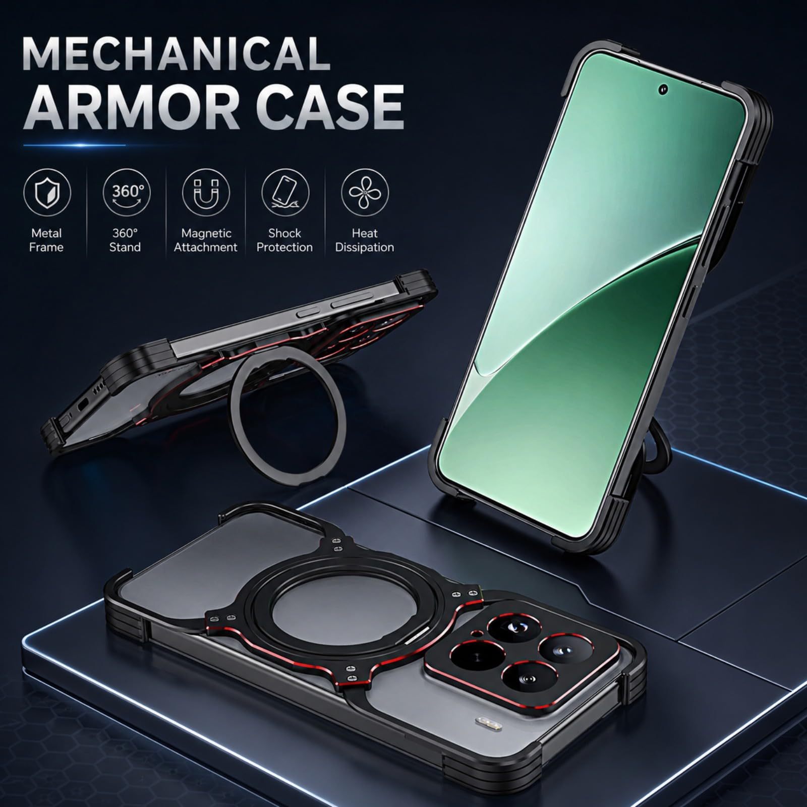 Funda para Xiaomi 15 Pro con Anillo Giratorio, Negro Rojo | Anillo Magnético Giratorio con Soporte, Estructura de Metal Abierta, Bordes de Cámara Elevados, Esquinas Reforzadas