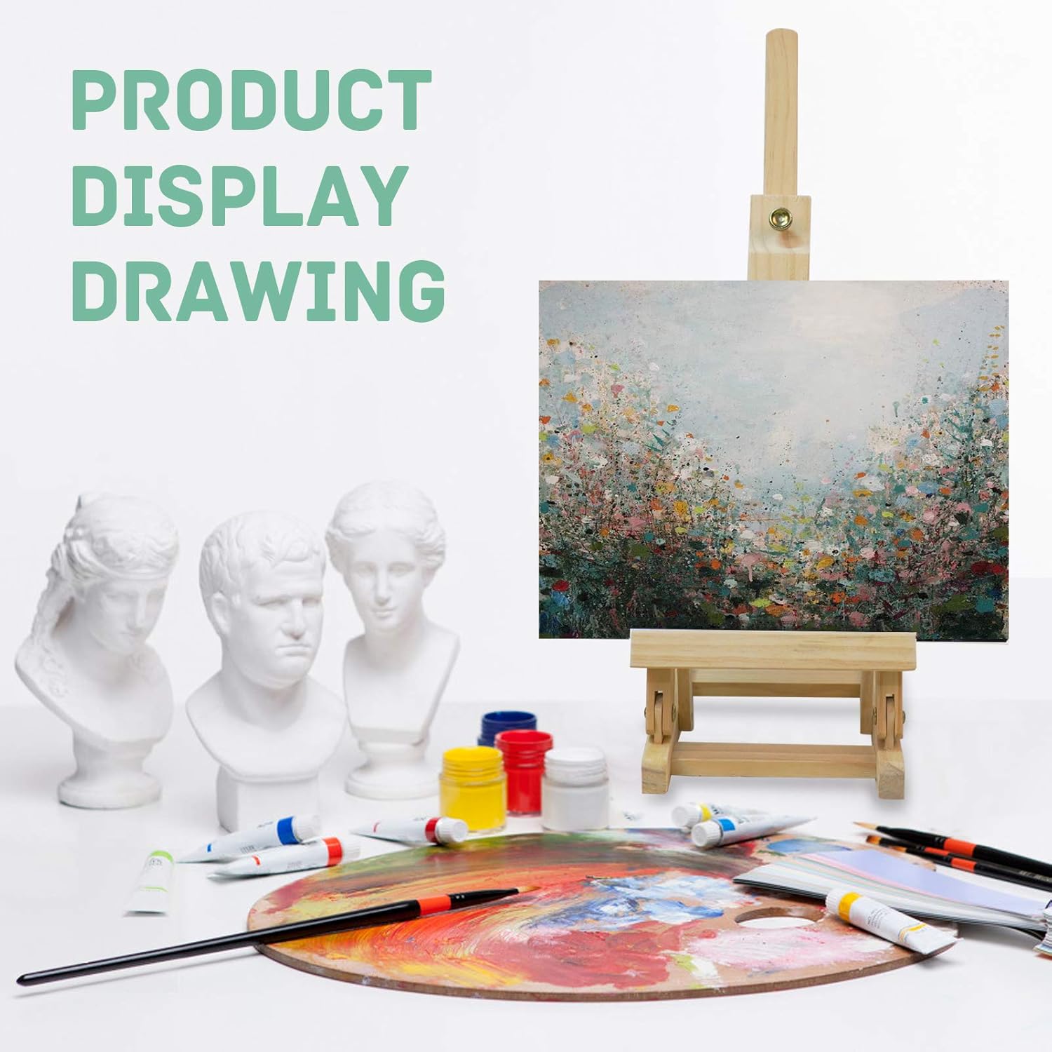 TAVOLOZZA 26 Pcs Acrylic Painting Supplies Kit, 17" Beech Wood Table Easel, 12 Non Toxic Washable Paints, 8 x 10 Stretched Canvas, 5 x 7 Canvas, 8 Brushes, 2 Palette Knife, 1 Palette