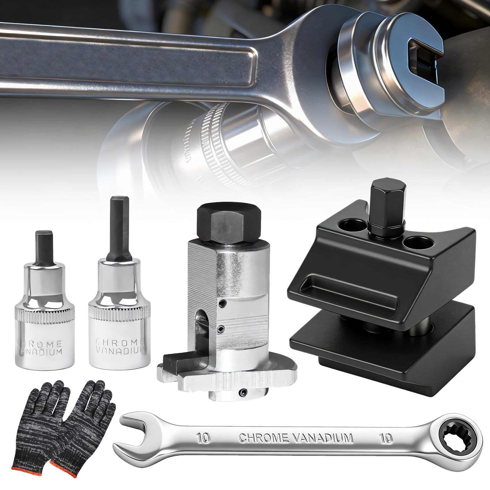 Federbein Spreizer Set 4-tlg – Radlagergehäuse Spreizer aus gehärtetem Stahl, inkl. Handschuhe & Schraubenschlüssel, Werkzeug für Federbein- und Stoßdämpfer Reparatur, Für PKW, SUV & Transporter